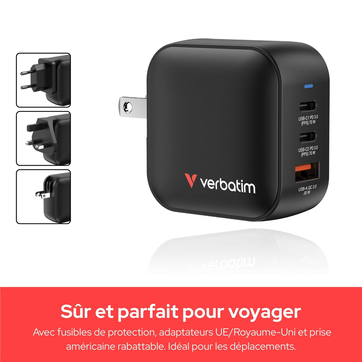 VERBATIM MINI GAN CHARGER 70W 3 PORT US/EU/UK ADP WCF (P)
