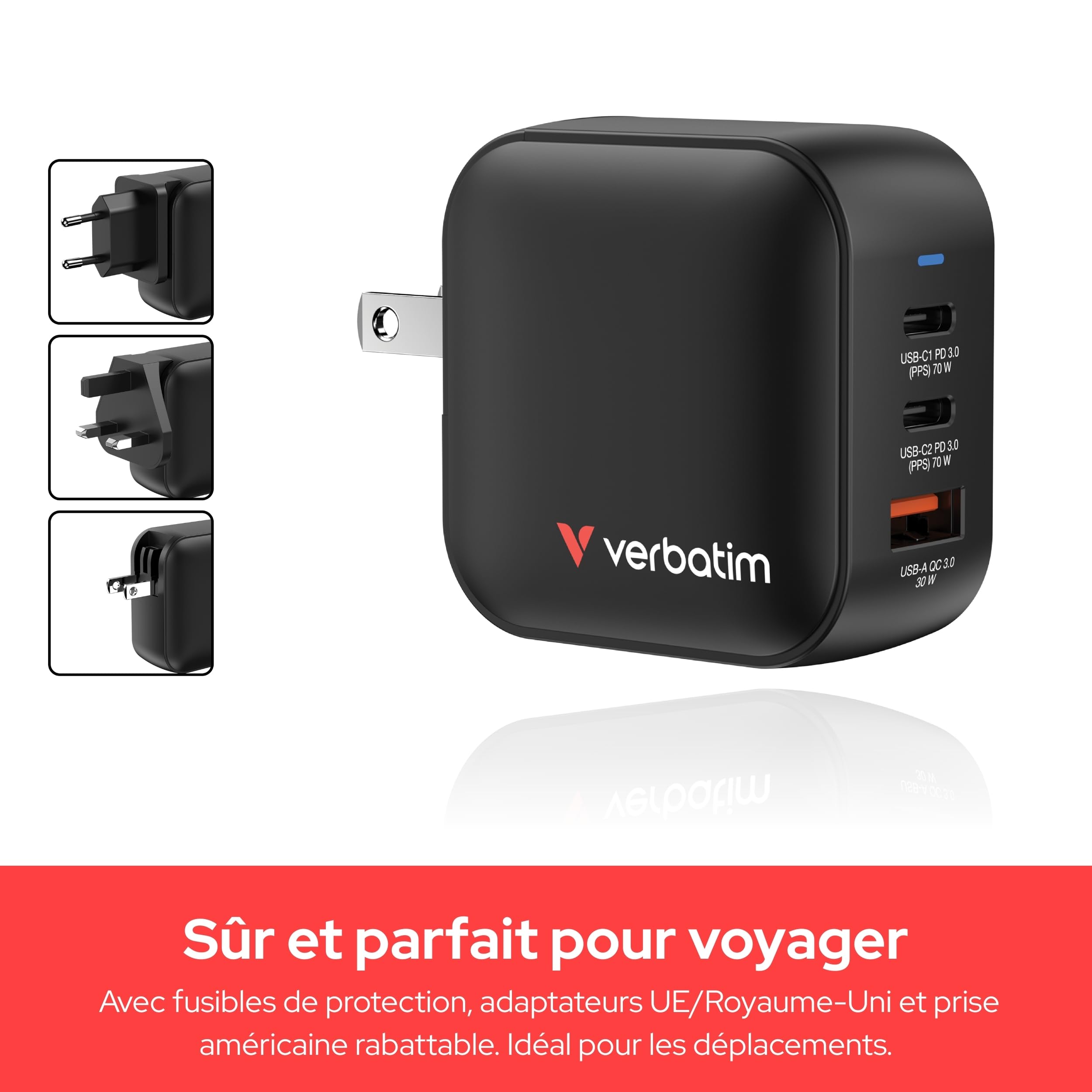 VERBATIM MINI GAN CHARGER 70W 3 PORT US/EU/UK ADP WCF (P)