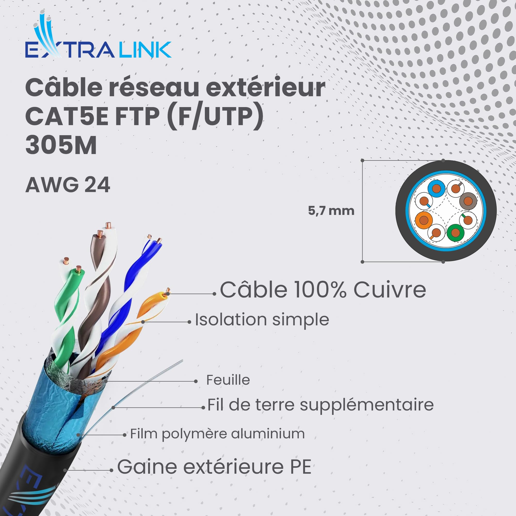 Extralink CAT5E FTP (F/UTP) V2 OUTDOOR TWISTED PAIR 305M - Kabel - Netzwerk câble de réseau Noir F/UTP (FTP)