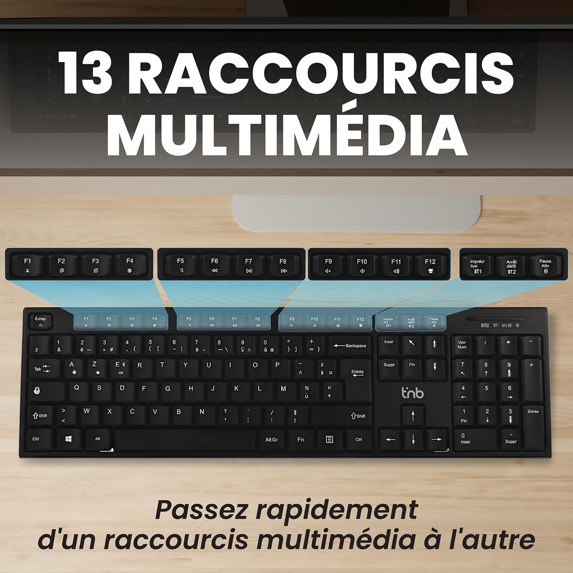 TNB CLASSY Rechargeable wireless keyboard Bluetooth + USB-A 2.4Ghz AZERTY (FR)