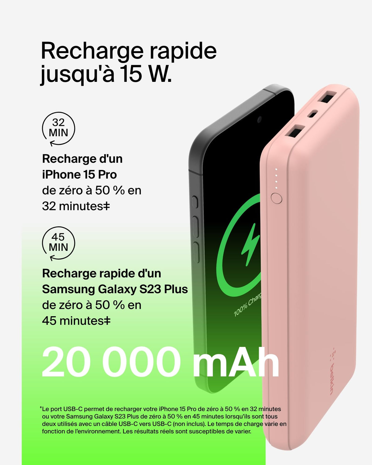 BELKIN Powerbank 20K 15W USB-C cable inclus + 2 USB-A Rose