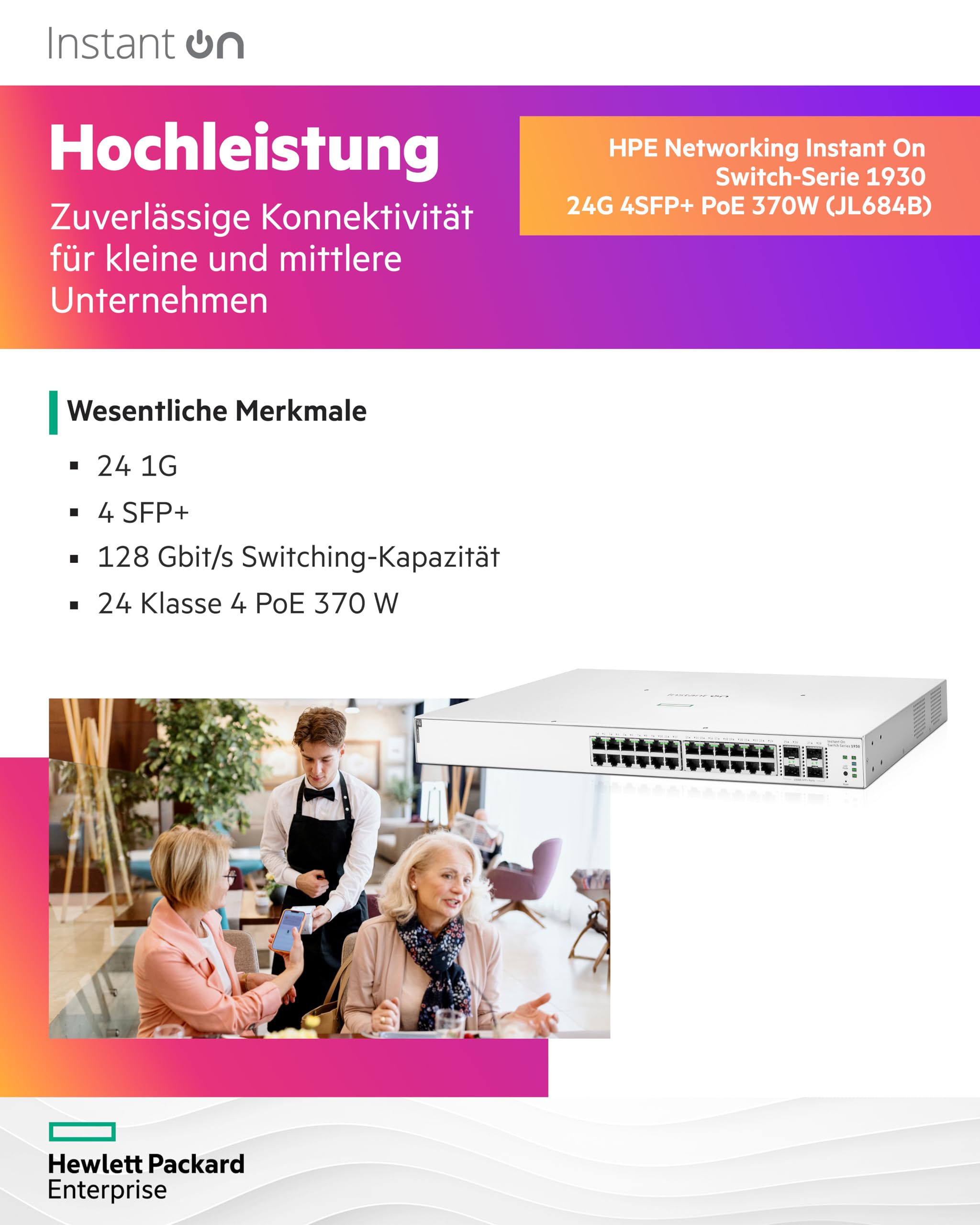 HPE Networking Instant On 1930 24G Class4 PoE 4SFP/SFP+ 370W Switch Commutateur C3 Géré 24 x 10/100/1000 PoE
