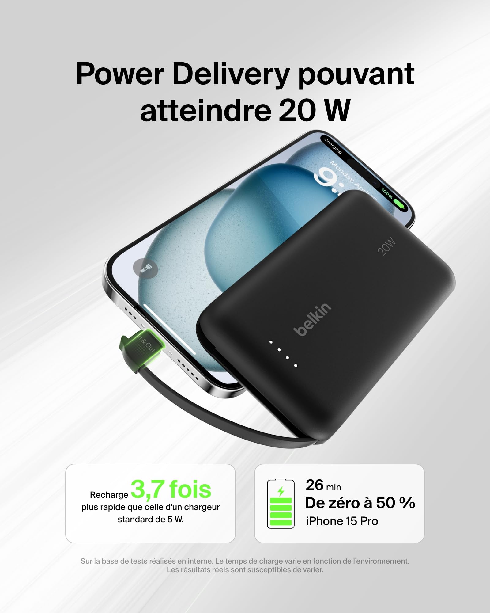 BELKIN 10k PD20w Integrated USB-C Cable Power Bank Black