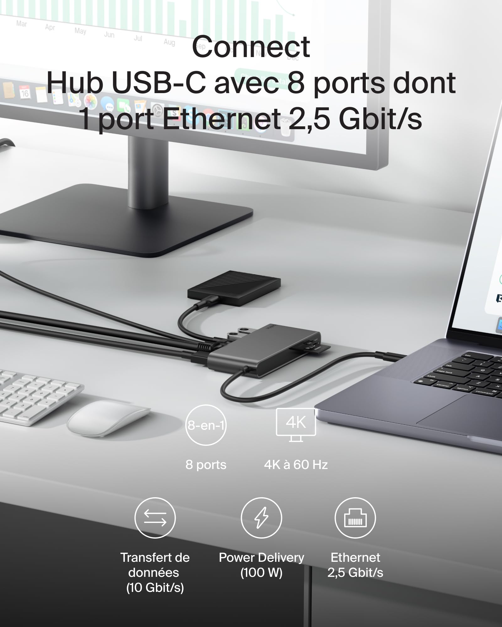 BELKIN Connect 8-in-1 USB-C Hub with Dual USB-C Ports - Silver