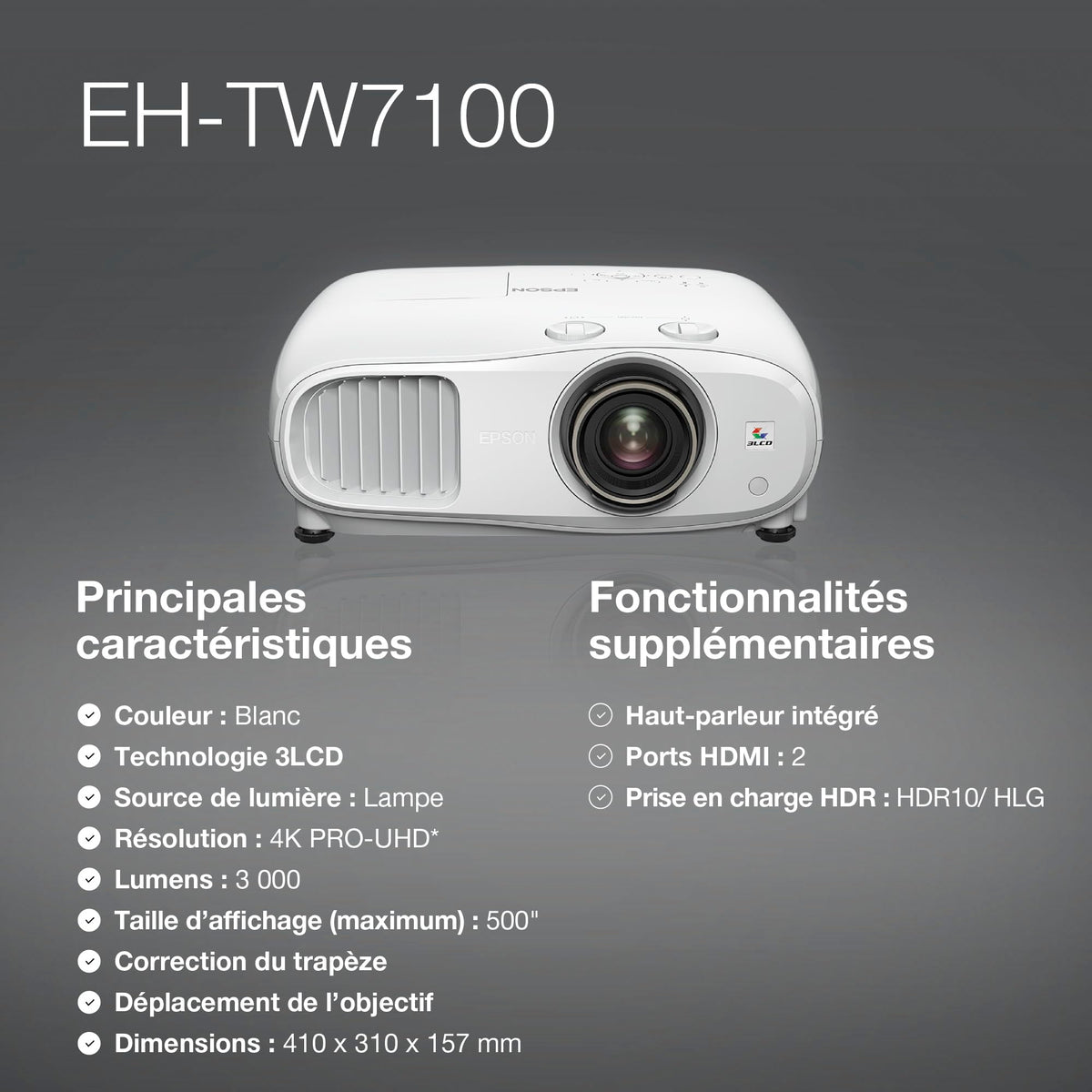 EPSON EH-TW7100 Projecteur 4K PRO-UHD Home Cinema - 16:9 - 3000 lumens -100 000:1- 2x HDMI- Bluetooth - Garantie 2 ans