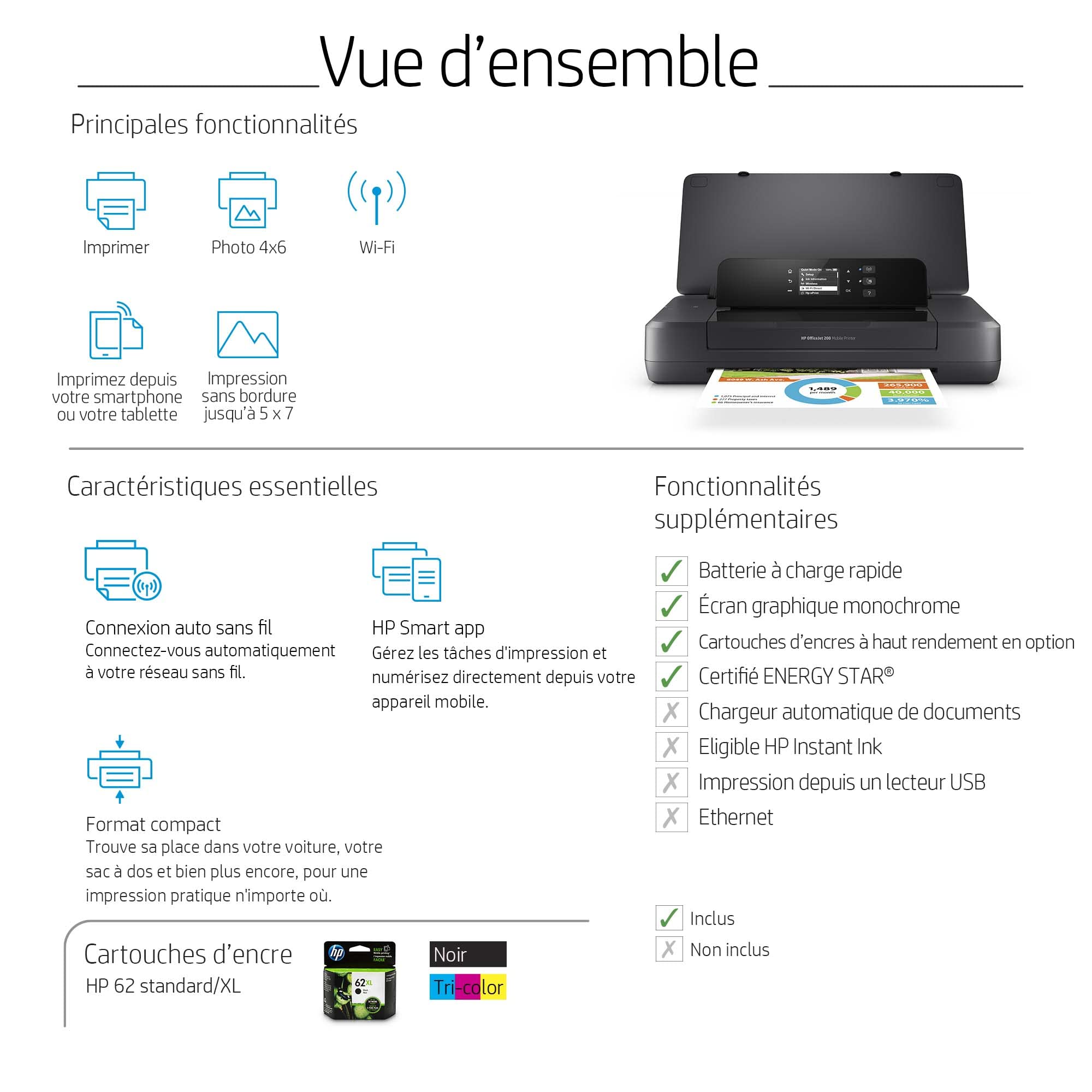 HP Officejet 200 Mobile Printer Printer colour inkjet A4 1200x1200dpi 20ppm mono 19ppm colour 50sheets USB Wi-Fi