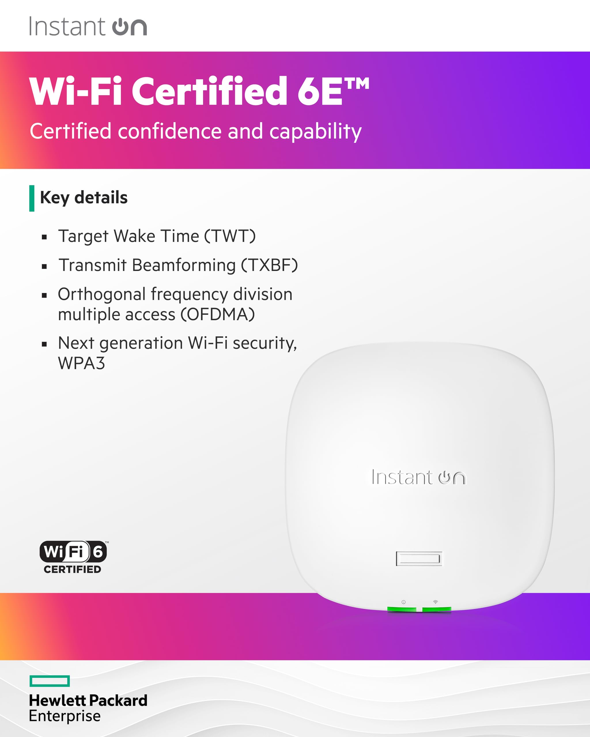 HPE Networking Instant On AP32 (RW) Borne daccès sans fil Wi Fi 6 Wi Fi 6E 2.4 GHz 5 GHz 6 GHz montable au plafond/mur