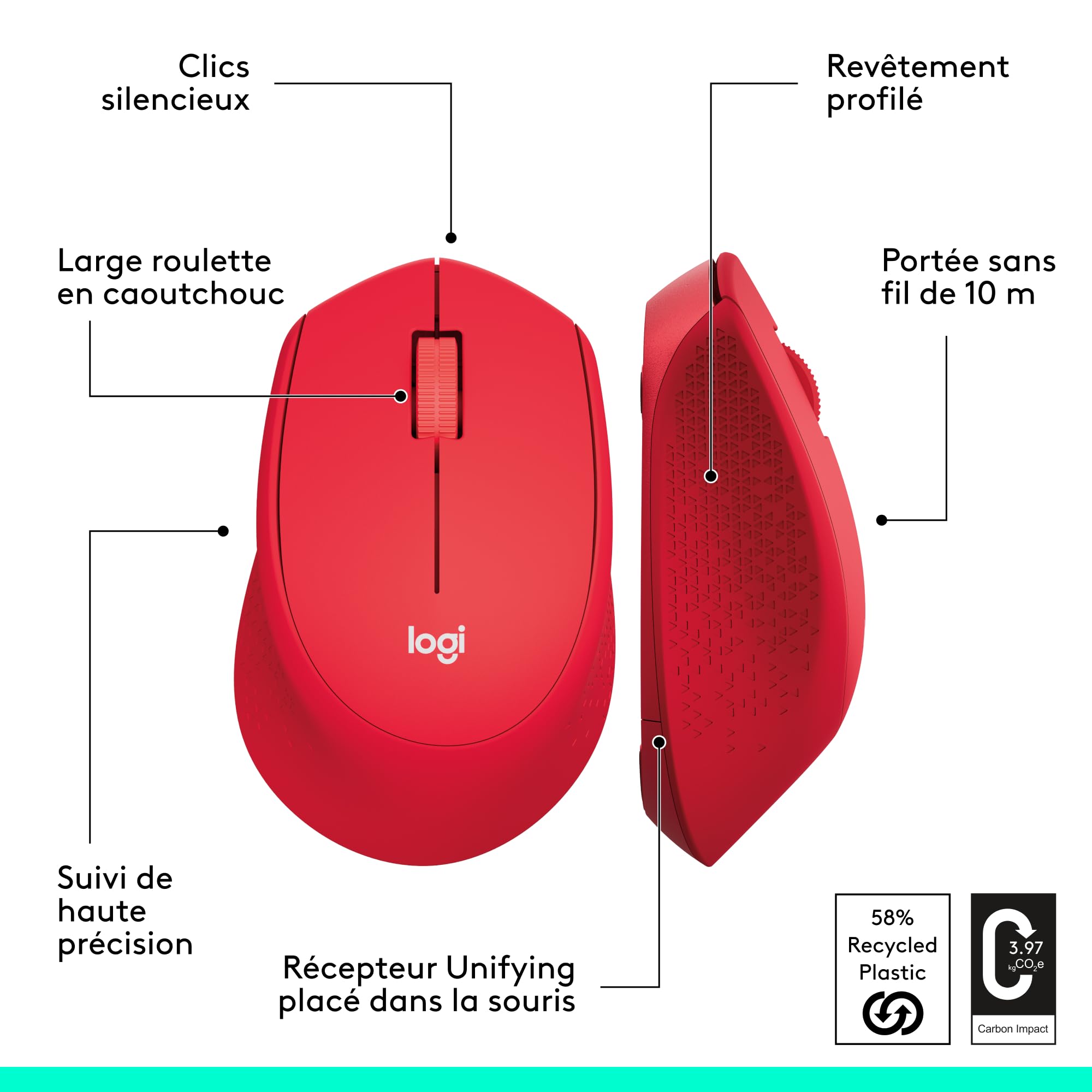 LOGITECH M330 SILENT PLUS Mouse 3 buttons wireless 2.4 GHz USB wireless receiver red