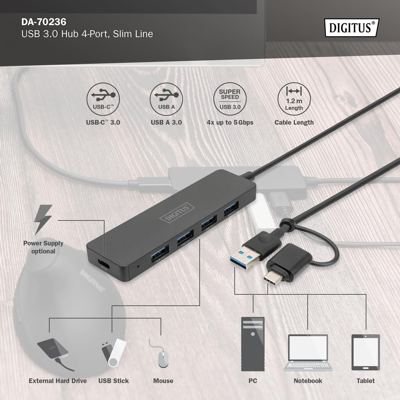 Digitus DA-70236 hub & concentrateur USB 3.2 Gen 1 (3.1 Gen 1) Type-A + Type-C 12000 Mbit/s Noir