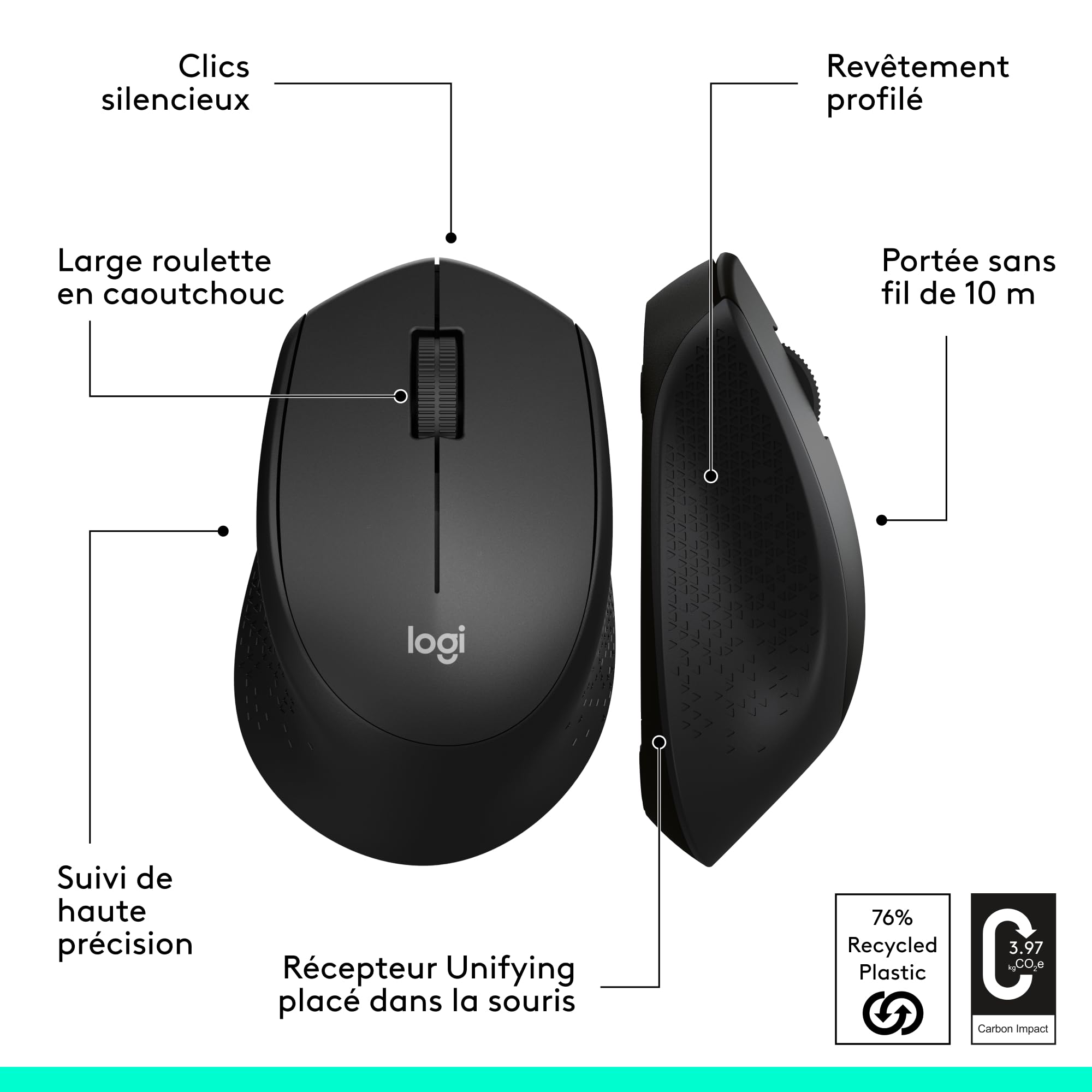 LOGITECH M330 SILENT PLUS Mouse 3 buttons wireless 2.4 GHz USB wireless receiver black