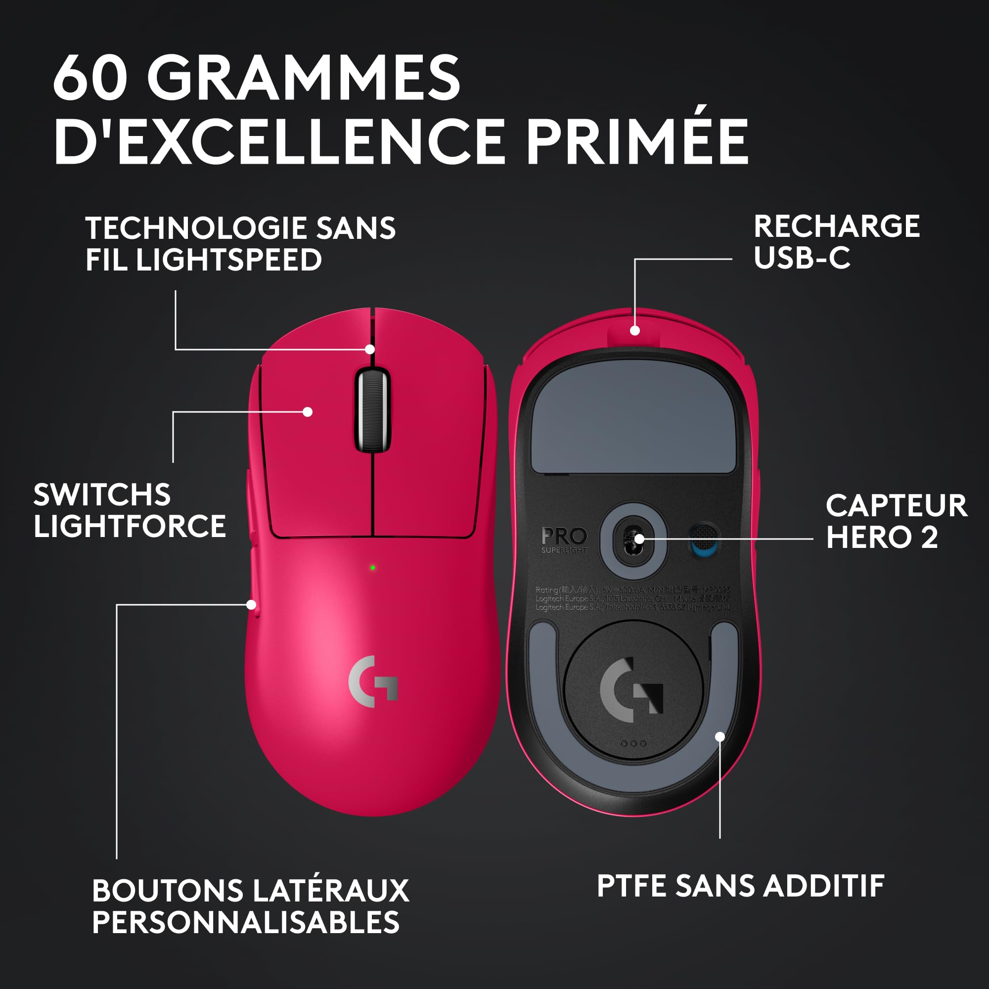 LOGITECH G PRO X SUPERLIGHT 2 Mouse gaming optical 5 buttons wireless 2.4 GHz USB LIGHTSPEED receiver pink