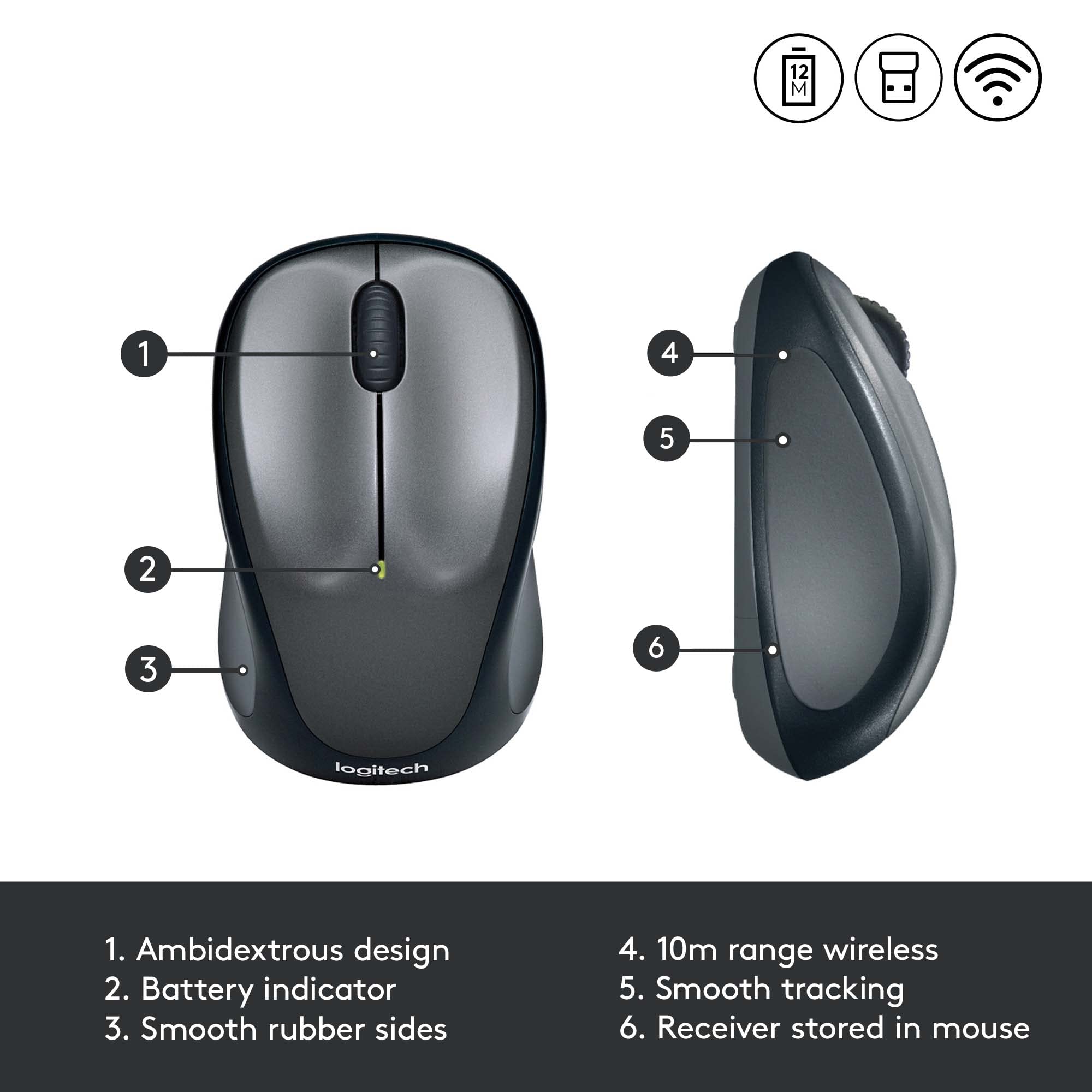 LOGITECH M235 Mouse right-handed optical wireless 2.4 GHz USB wireless receiver grey