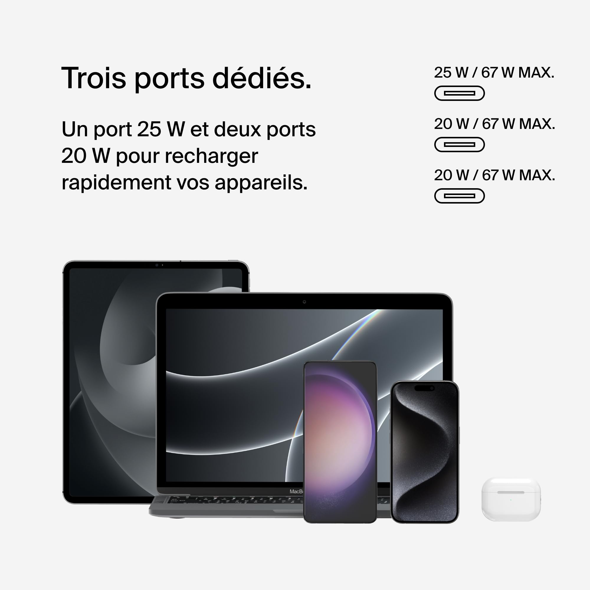 BELKIN BOOSTCHARGE 3-Port USB-C Wall Charger with PPS 67w with 100w 5A USB-C Cable