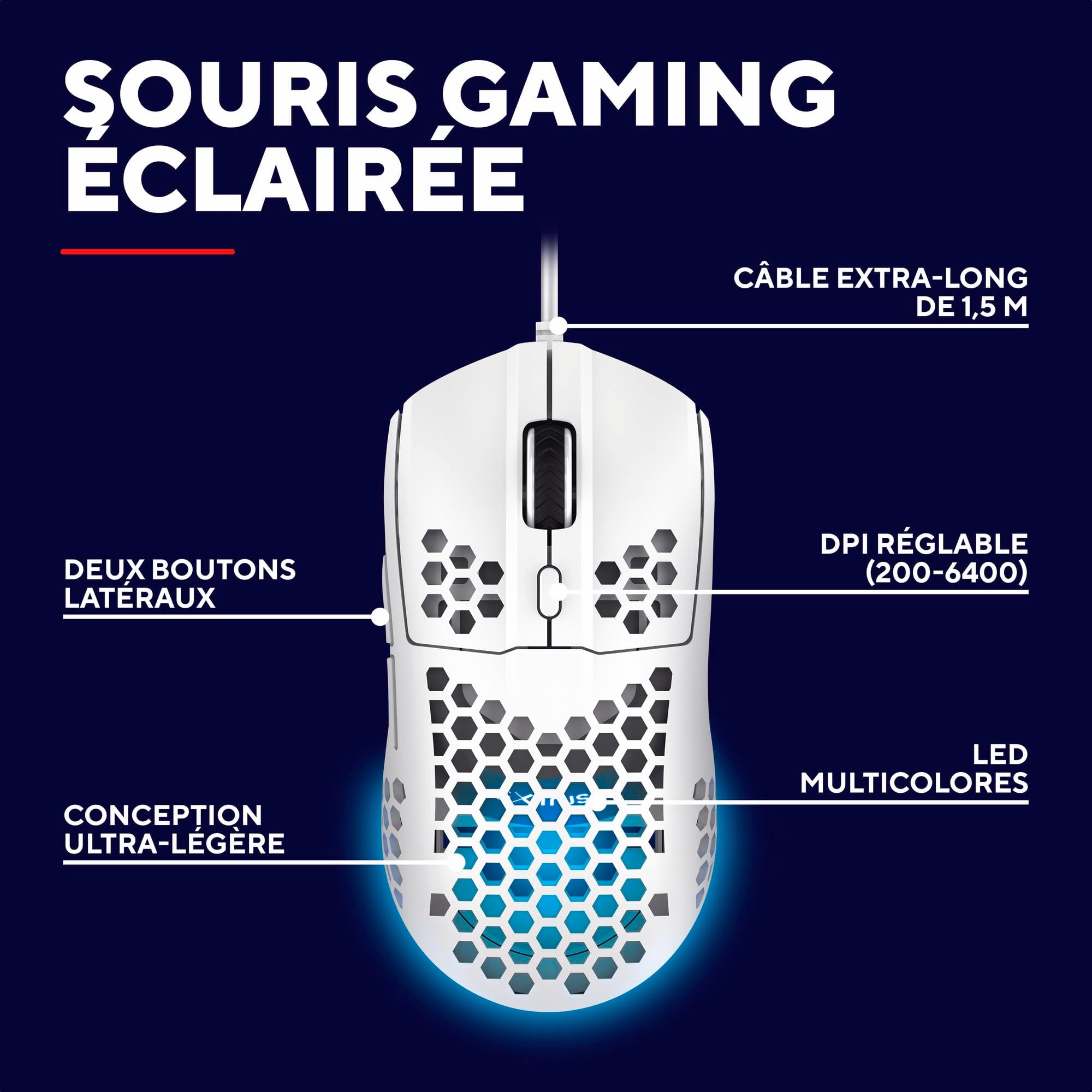 TRUST Souris gaming filaire HELOX ultra légére - Blanche