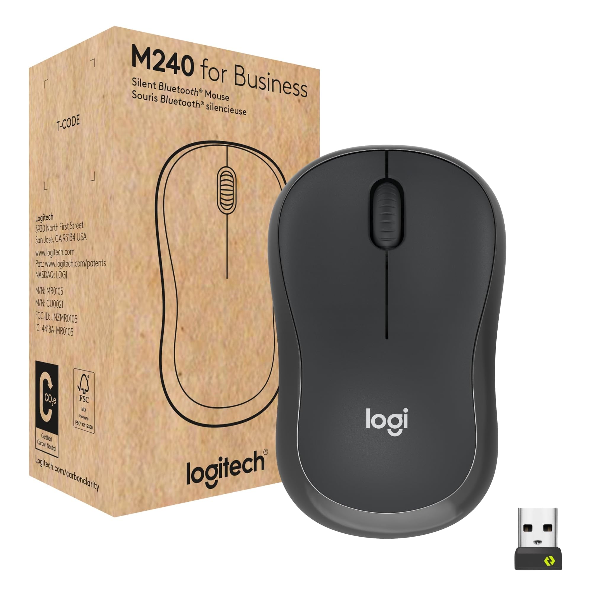LOGITECH M240 for Business Mouse right and left-handed optical 3 buttons wireless Bluetooth Bolt USB receiver graphite