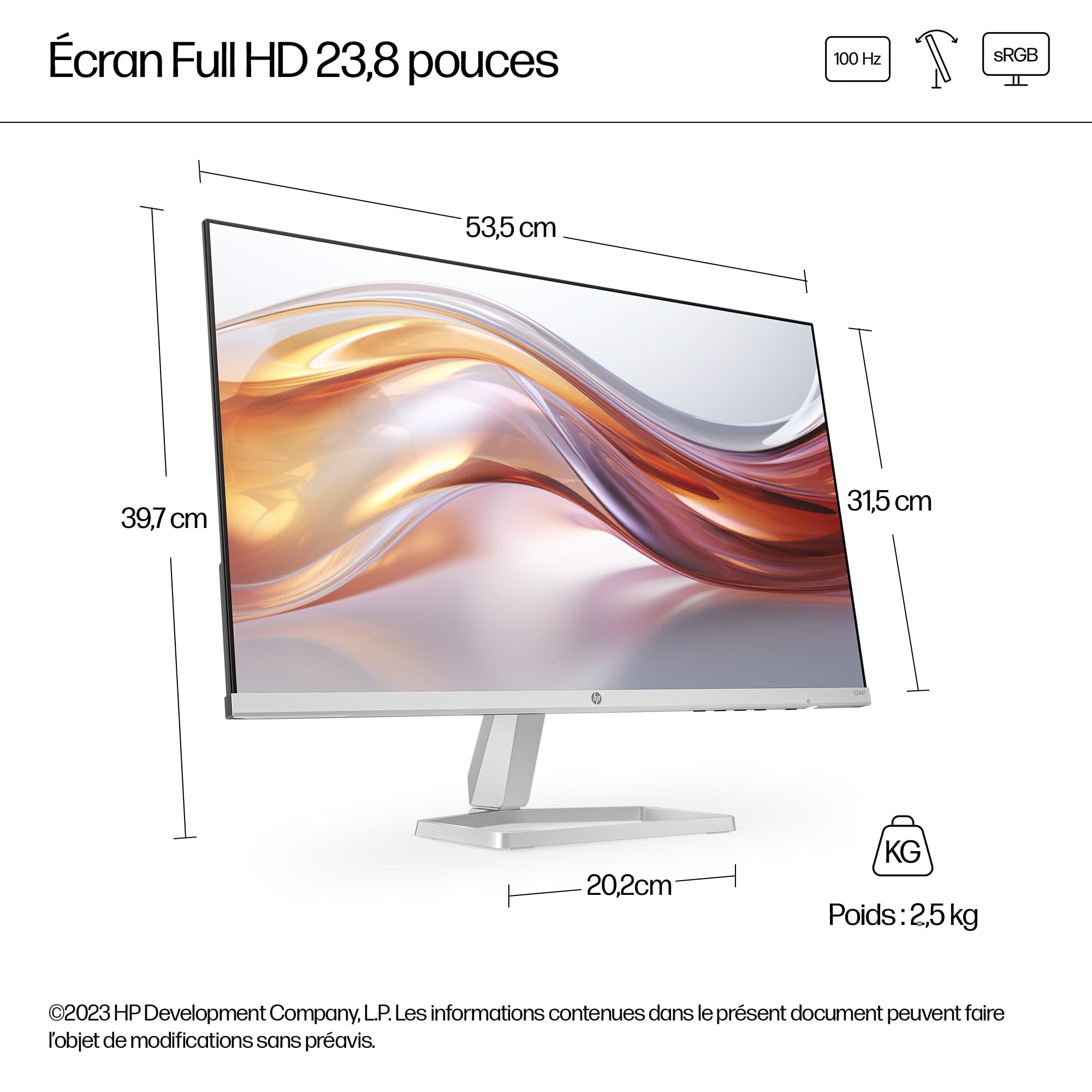 "HP Series 5 23.8 inch FHD Monitor - 524sf écran plat de PC 60,5 cm (23.8"") 1920 x 1080 pixels LCD Argent"