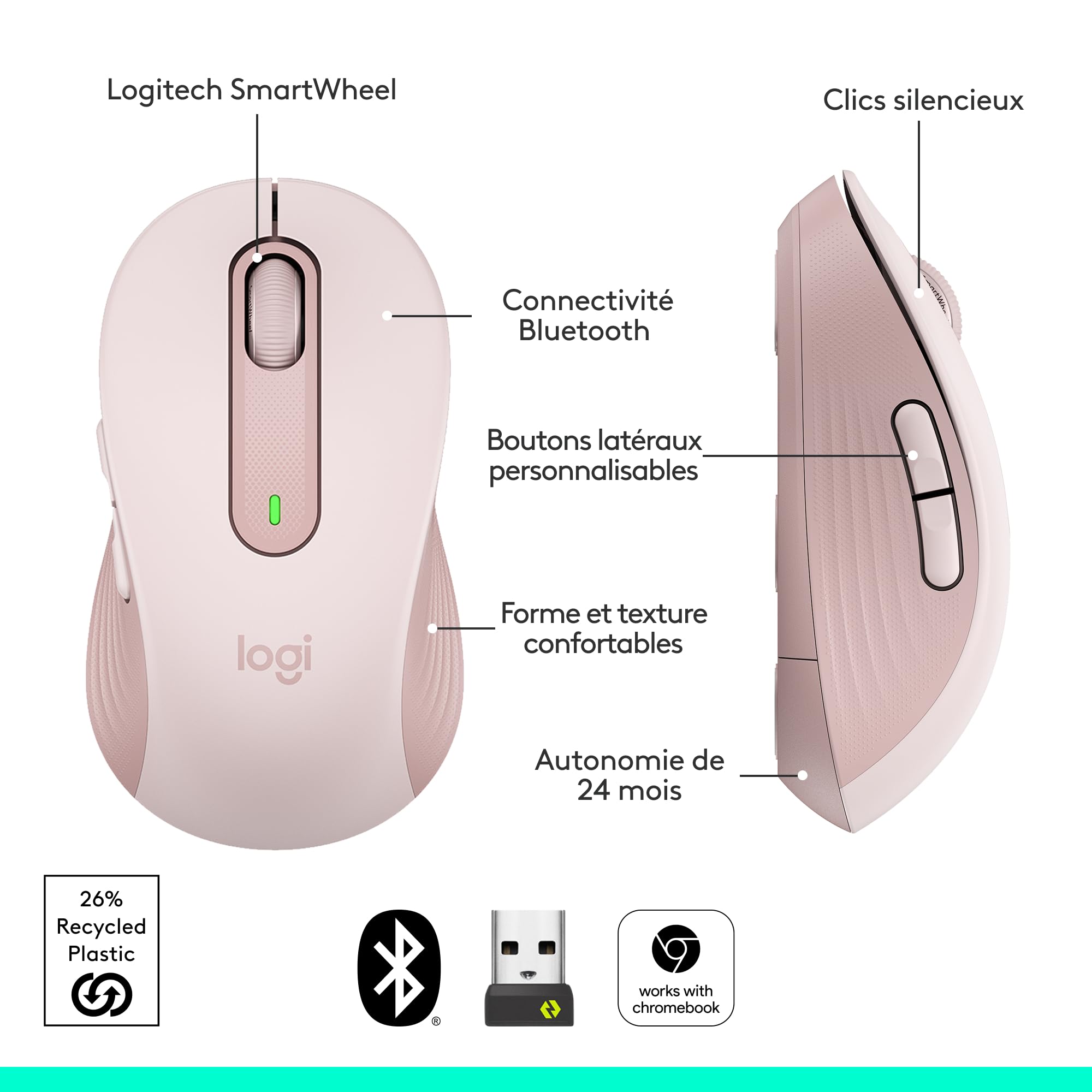 LOGITECH Signature M650 Mouse optical 5 buttons wireless Bluetooth 2.4 GHz Bolt USB receiver rose