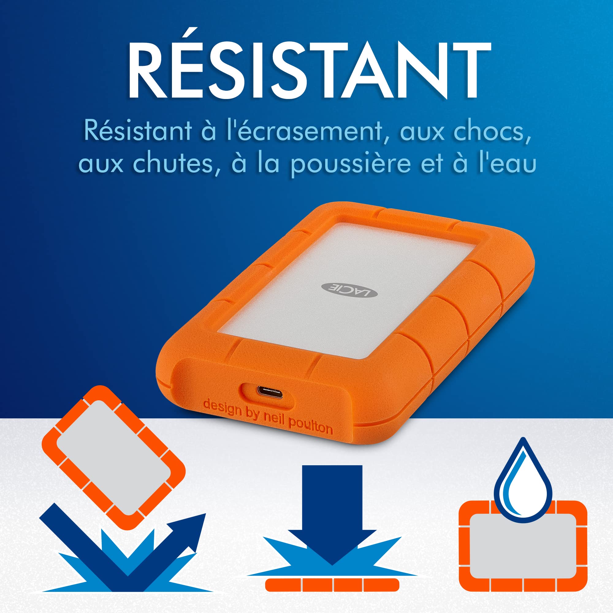 LACIE RUGGED 5TB USB-C USB3.0 Drop- crush- and rain-resistant for all-terrain use orange