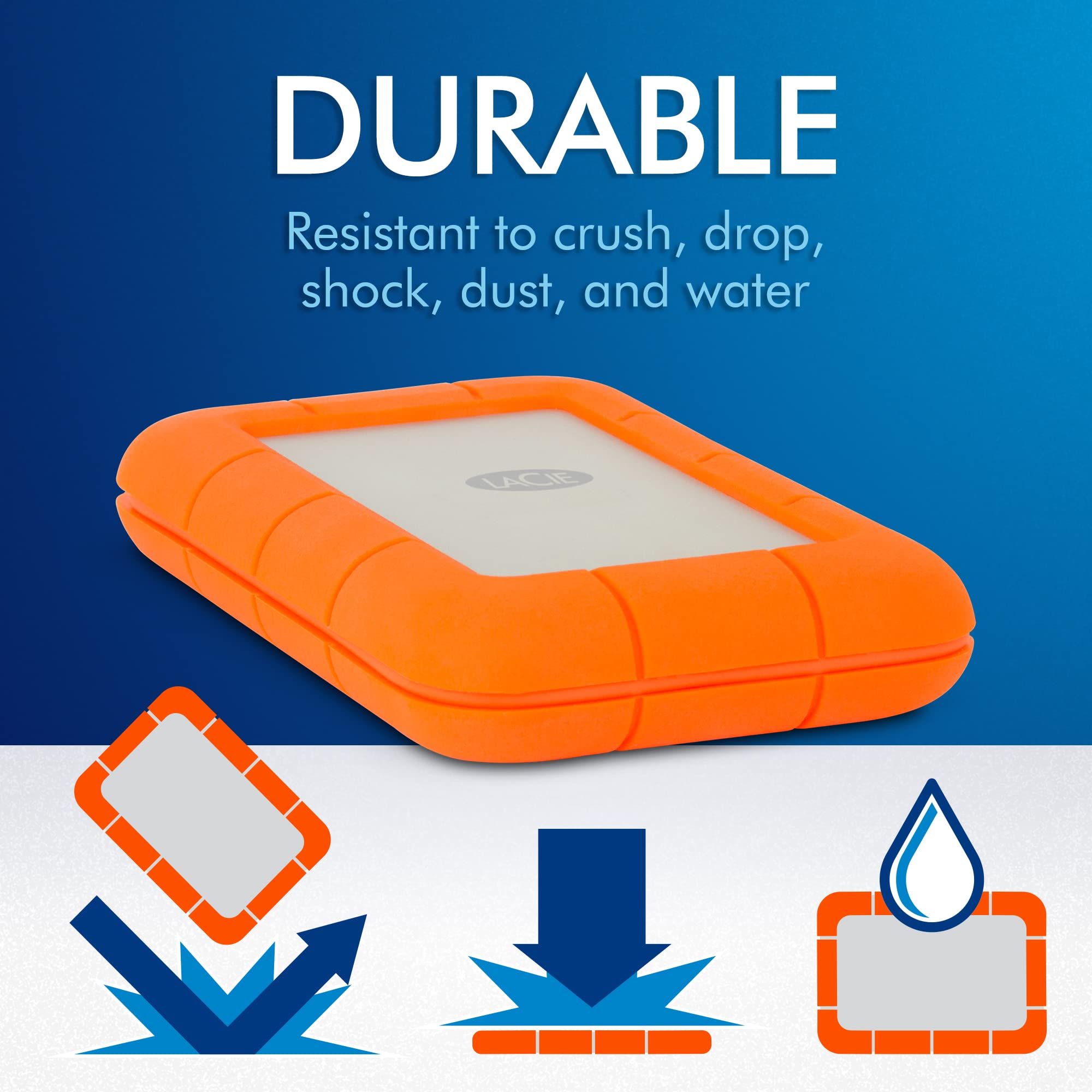 LACIE RUGGED 4To USB-C USB3.0 résistant aux chutes. compressements et à la pluie. utilisation tout terrain. orange