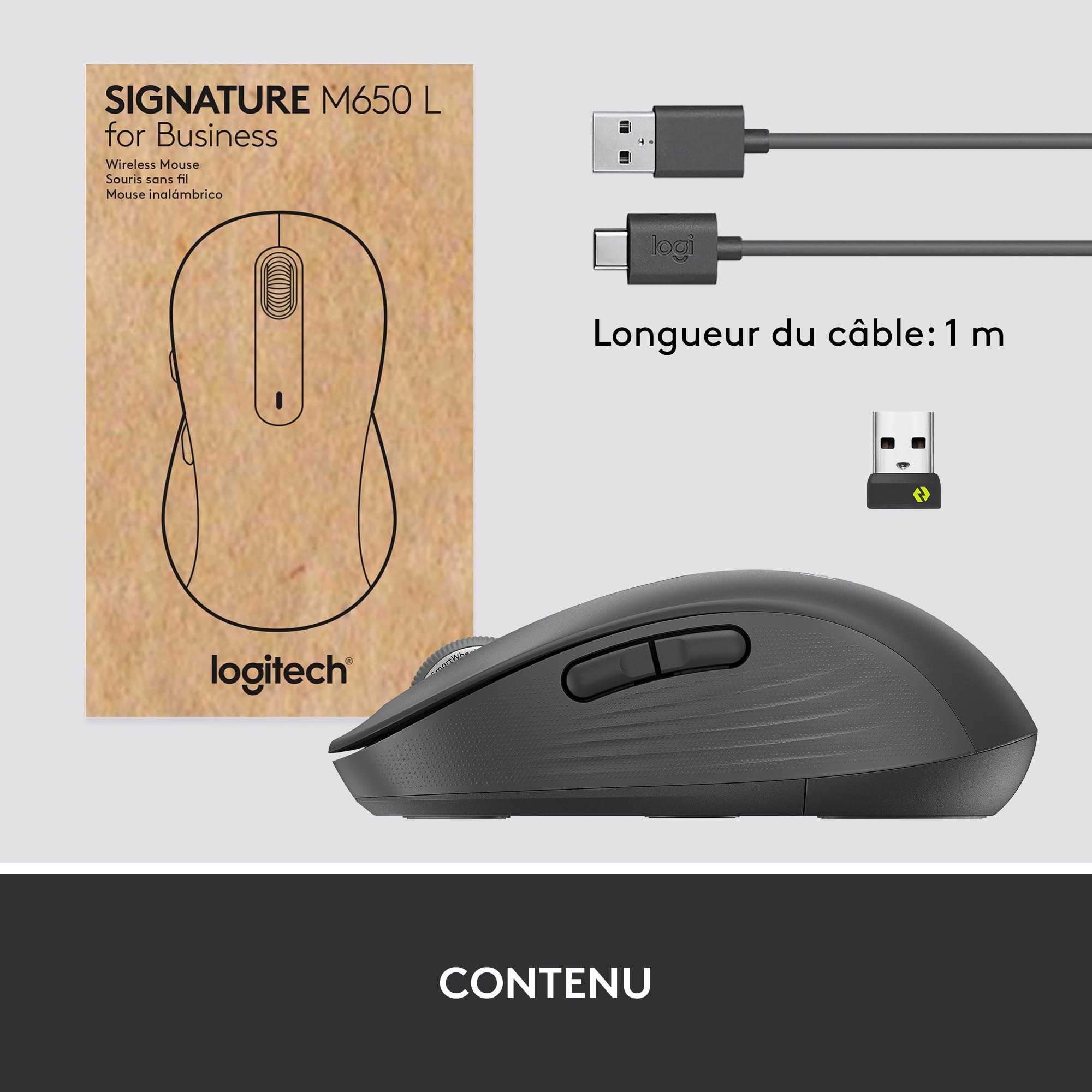 LOGITECH Signature M650 L for Business Mouse right-handed 5 buttons wireless Bluetooth 2.4 GHz Bolt USB receiver