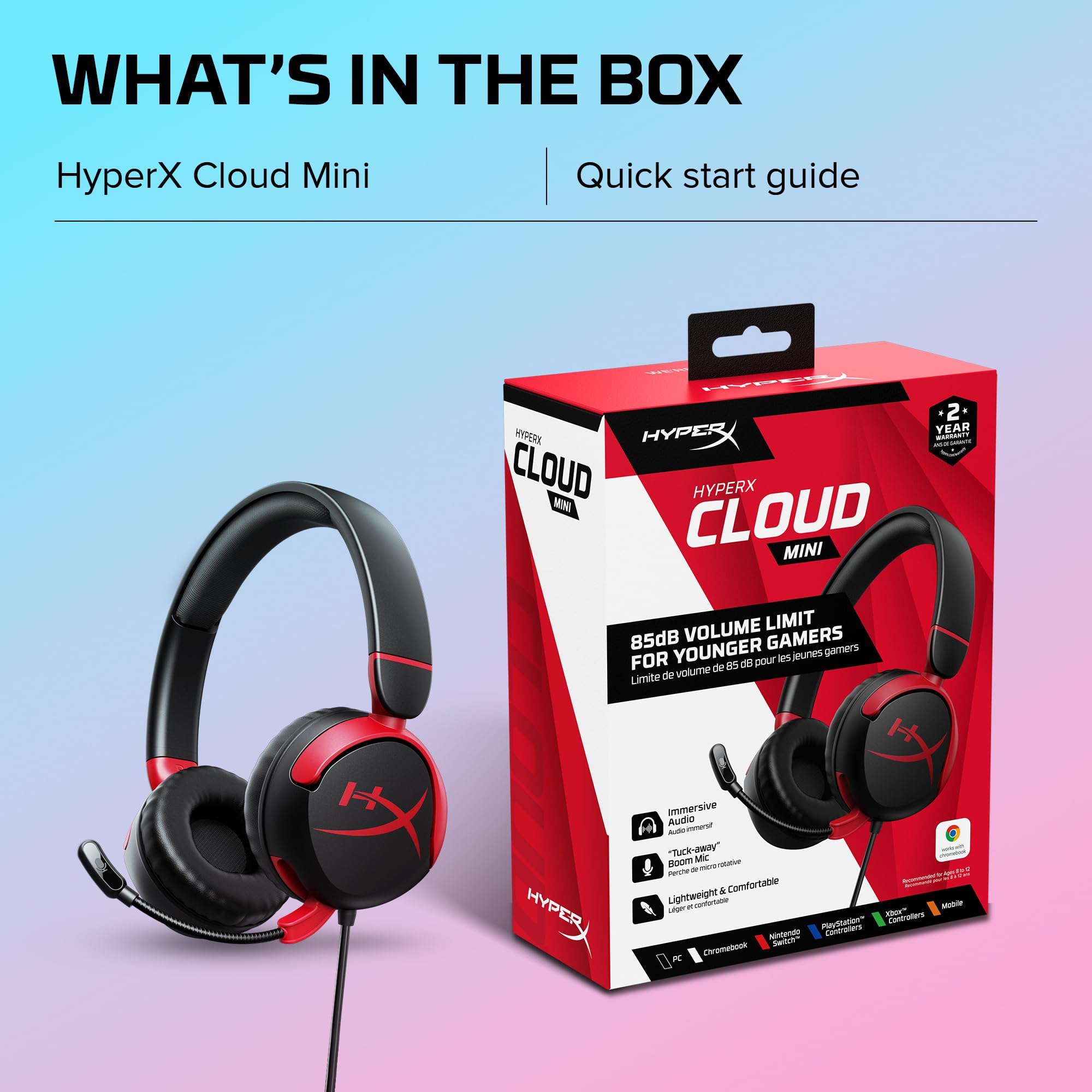 Casque filaire HyperX Cloud Mini avec microphone, minijack 3,5 mm, noir-rouge