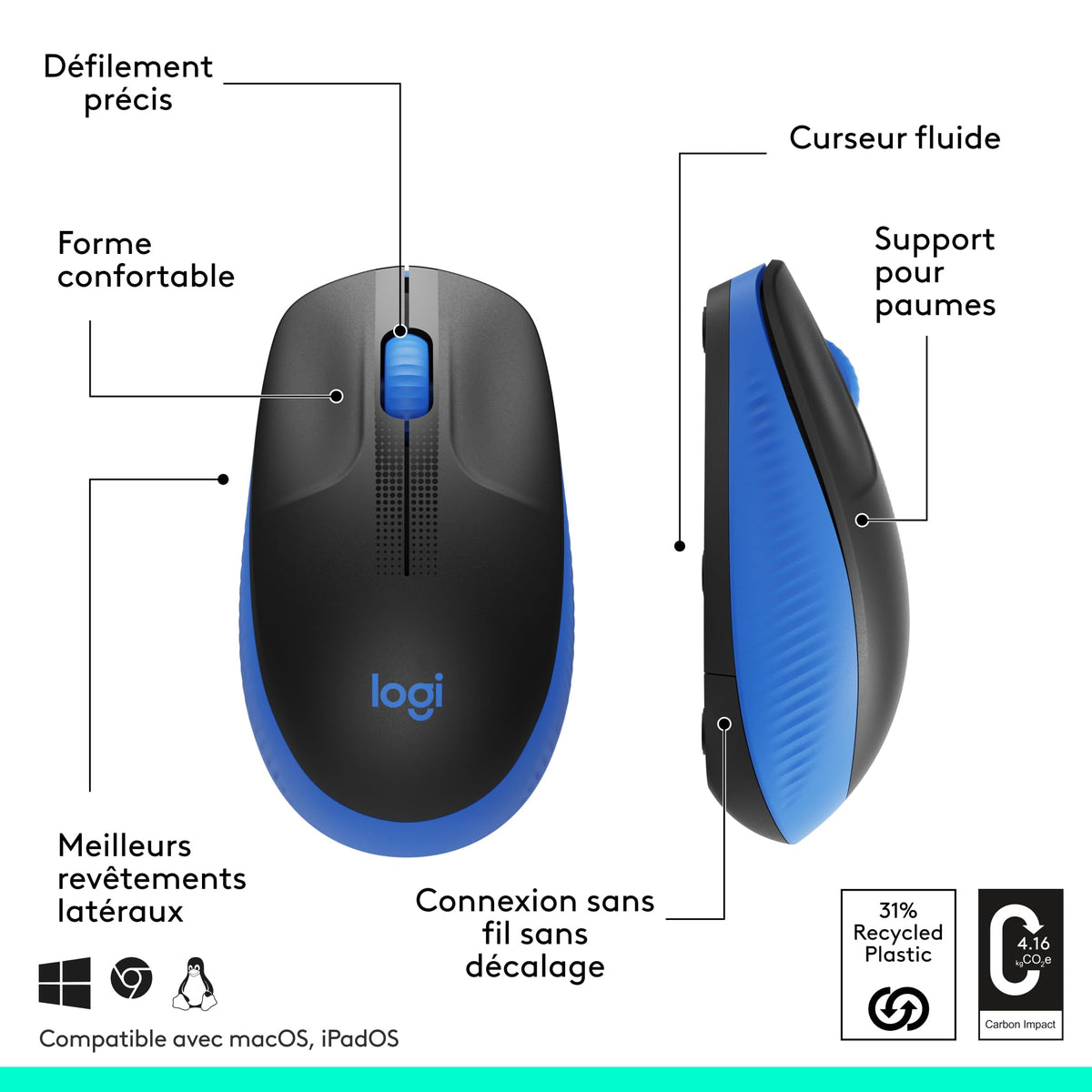 LOGITECH M190 Mouse optical 3 buttons wireless USB wireless receiver blue