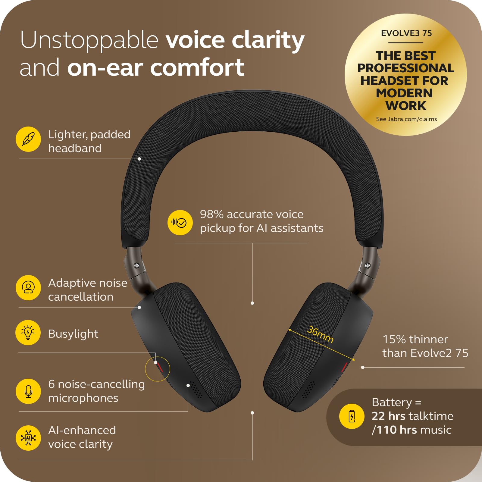 Jabra Evolve3 75 UC Link 390 USB-A Bla
