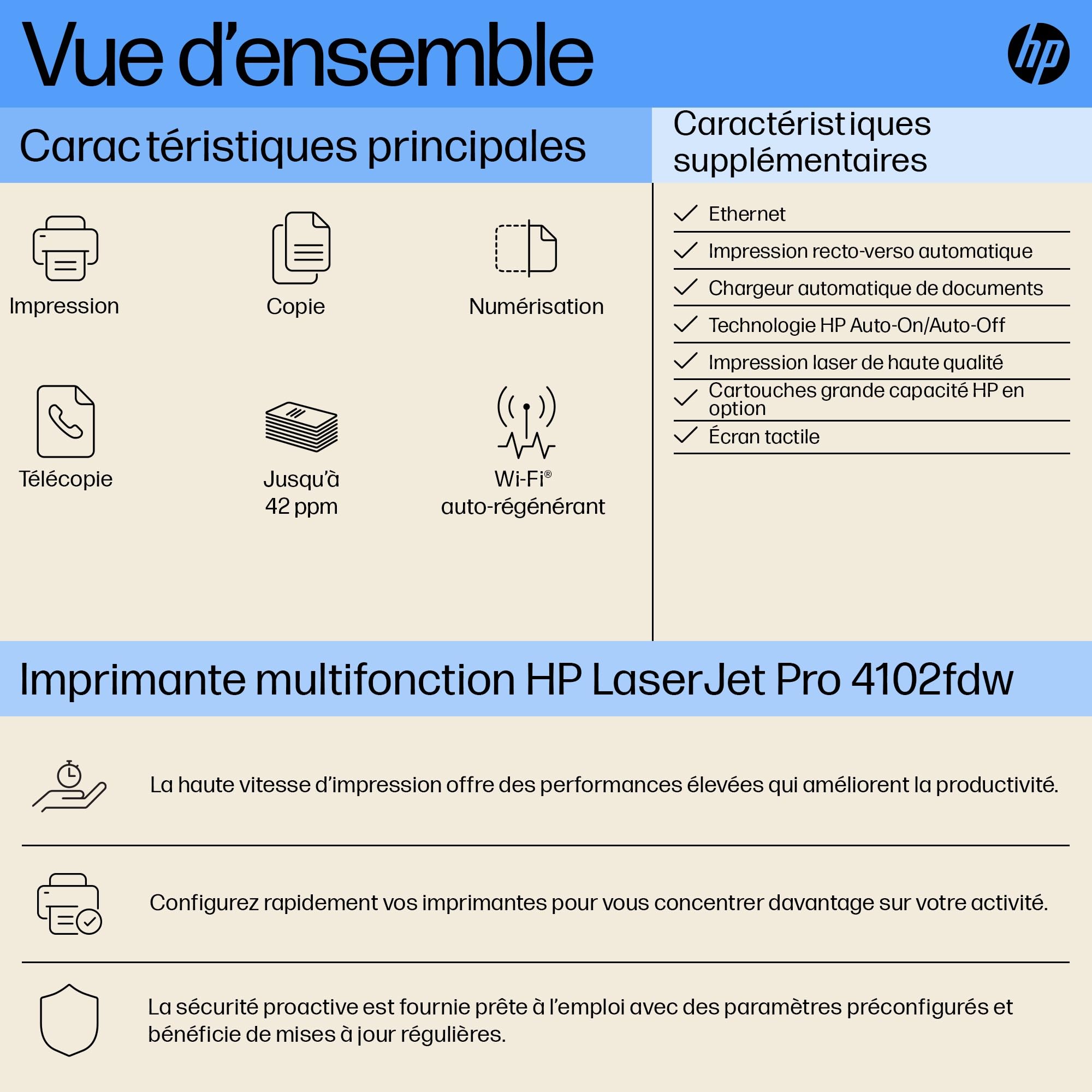 HP LaserJet Pro MFP 4102fdw Mono laser 38ppm Copy 40ppm Print 350sheets LAN Wi-Fi USB Bluetooth USB imprimante A4 laser mono WIFI