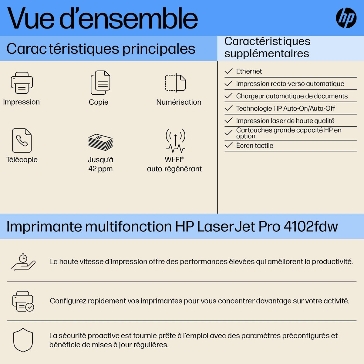 HP LaserJet Pro MFP 4102fdw Mono laser 38ppm Copy 40ppm Print 350sheets LAN Wi-Fi USB Bluetooth USB imprimante A4 laser mono WIFI