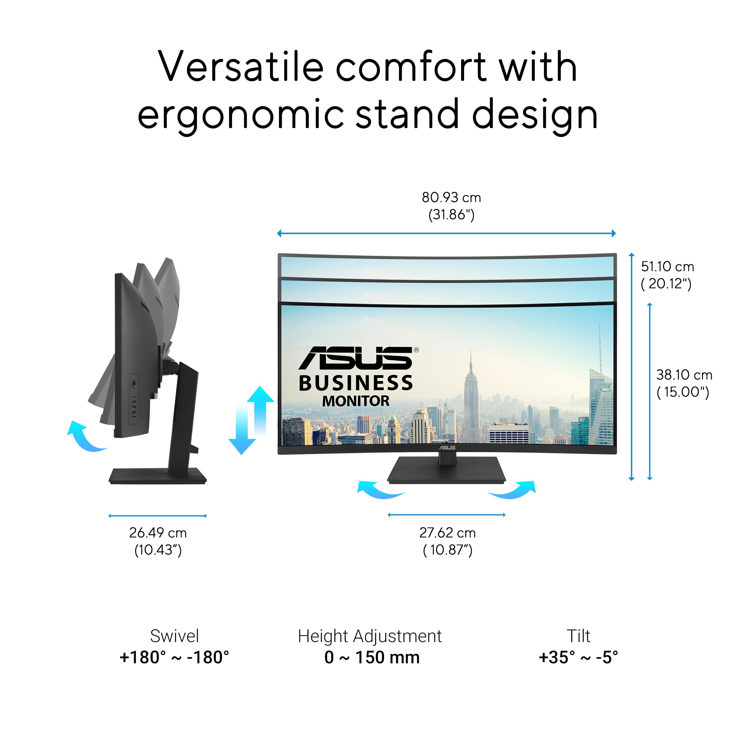 ASUS VA34VCPSR 34p VA WLED Curved 1500R UWQHD 21:9 100Hz 300cd/m2 4ms HDMI DP USB-C USB hub 3xUSB 3.2 G1 Type-A RJ45 Black