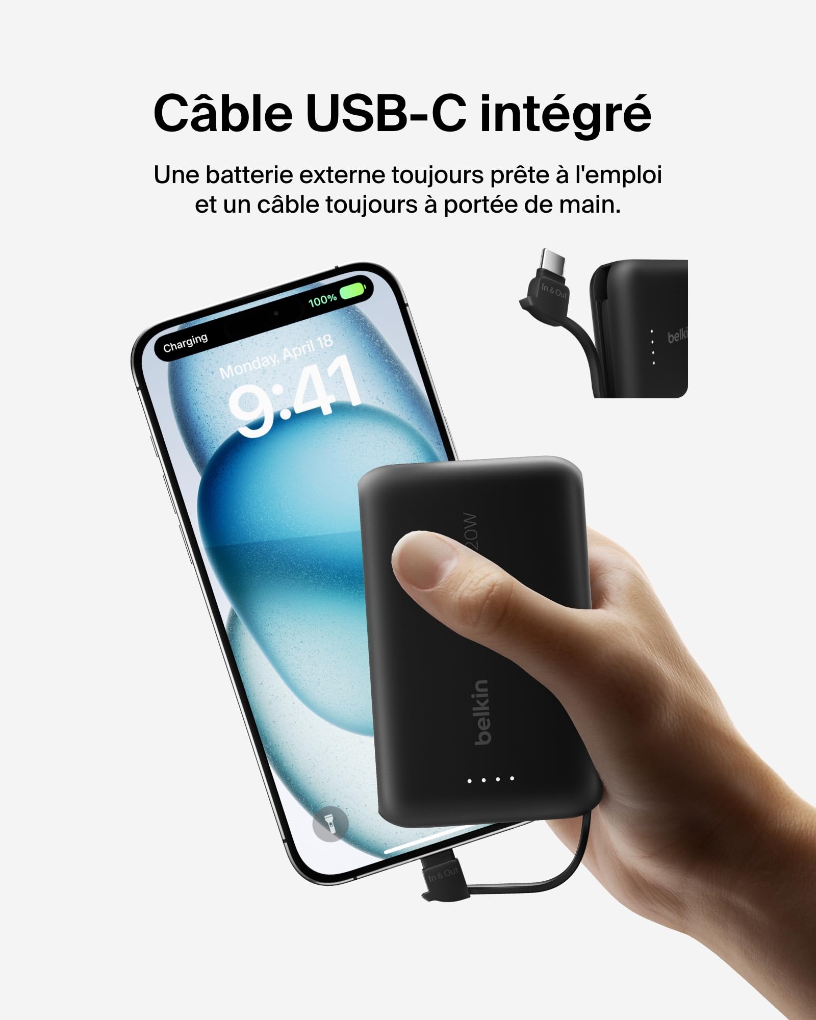 BELKIN 10k PD20w Integrated USB-C Cable Power Bank Black