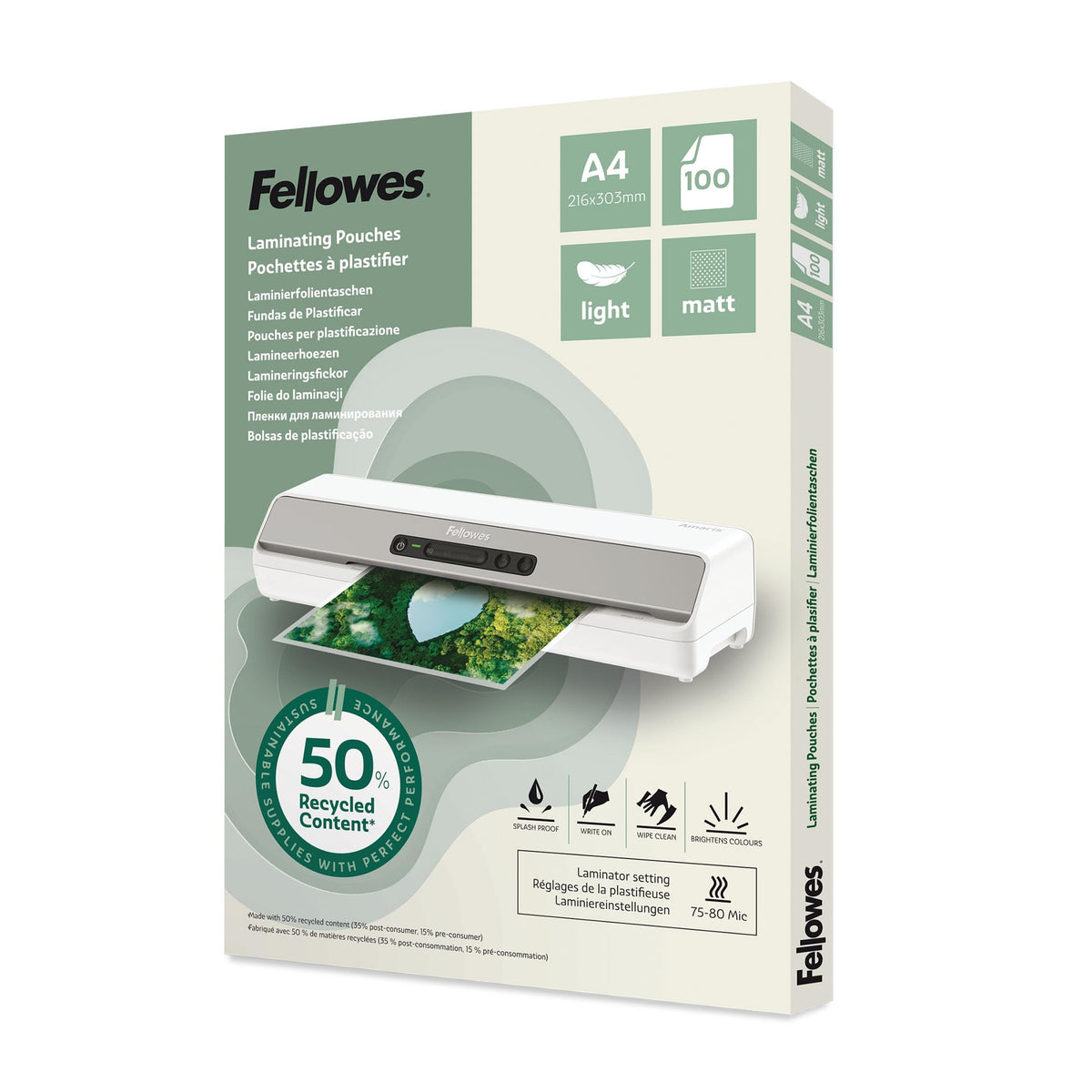 FELLOWES Pochettes de plastification A4 avec 50 pourcentage de contenu recyclé - usage léger mate lot de 100