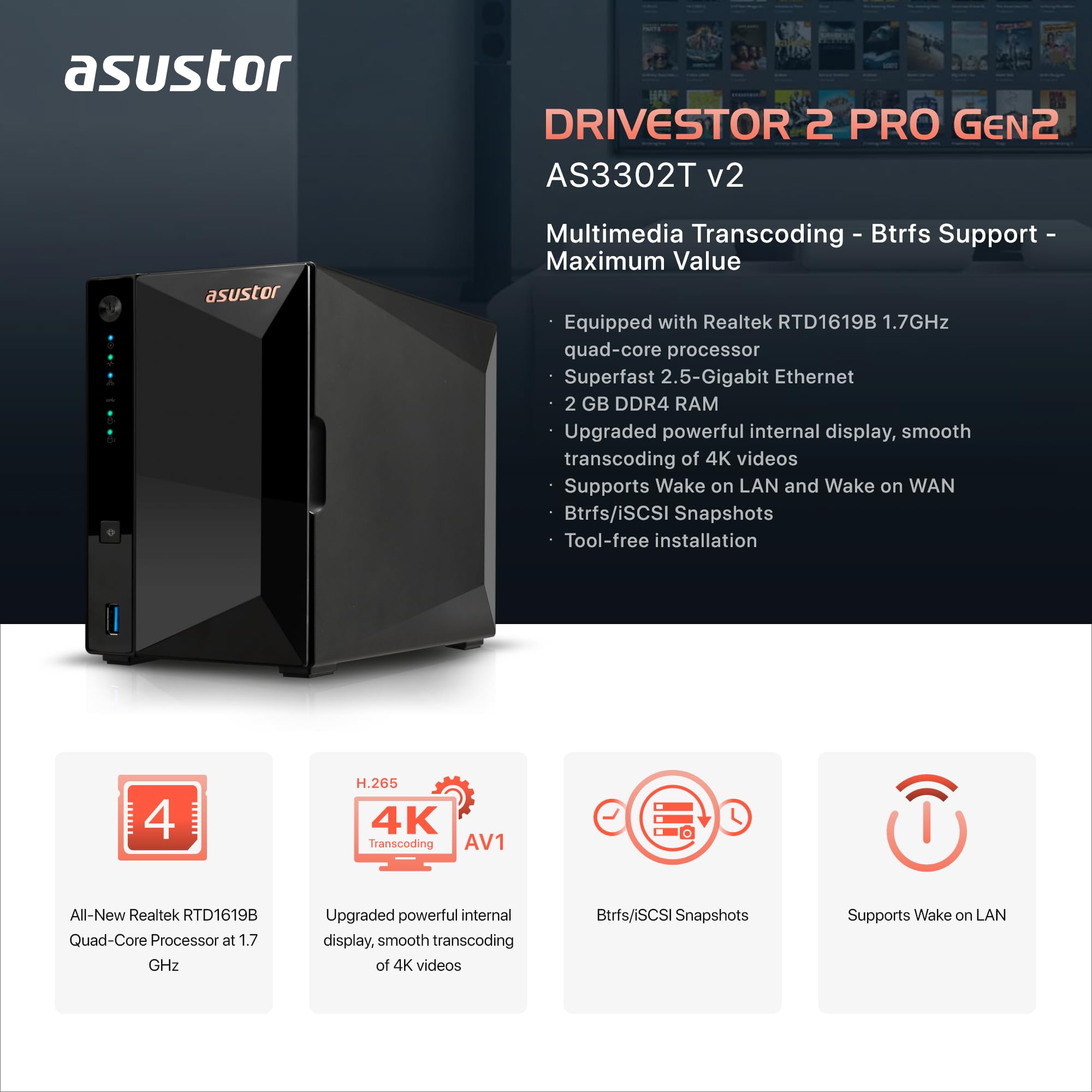 ASUSTOR Drivestor 2 Pro Gen2 AS3302T v2 2 Bay NAS Realtek RTD1619B Quad-Core 1.7GHz CPU 2.5Gbe Port 2Go DDR4 Diskless