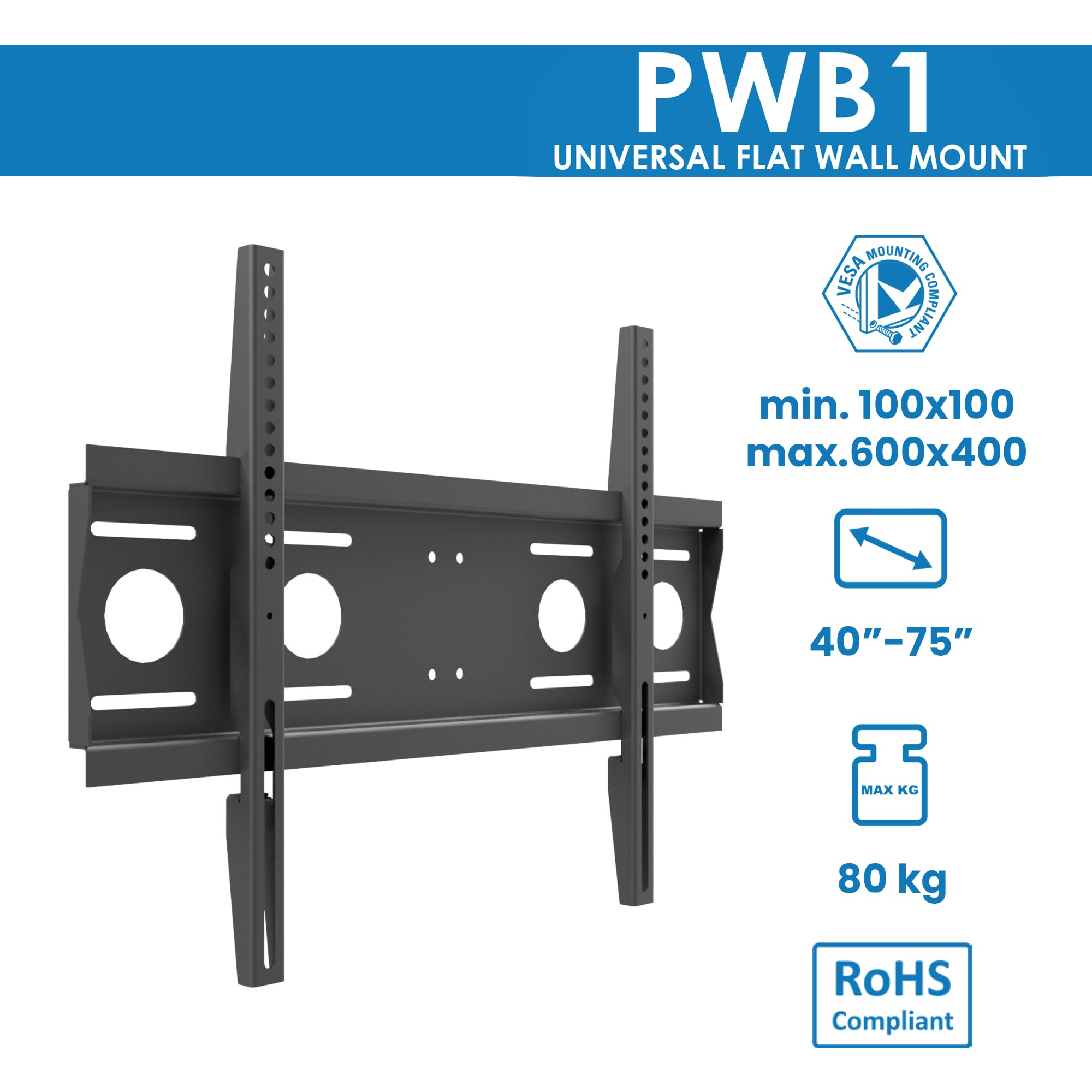 "Edbak 42""-75"" Fixed Wall Mount. Weight capacity 80 kg. 600x400 VESA"