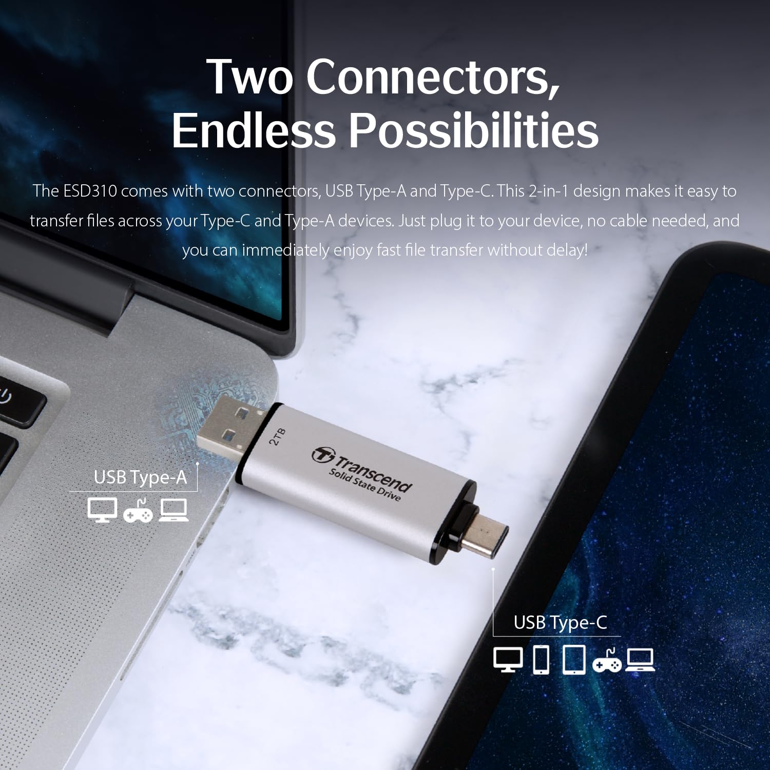 TRANSCEND ESD310S 512Go External SSD USB 10Gbps Type C/A Silver