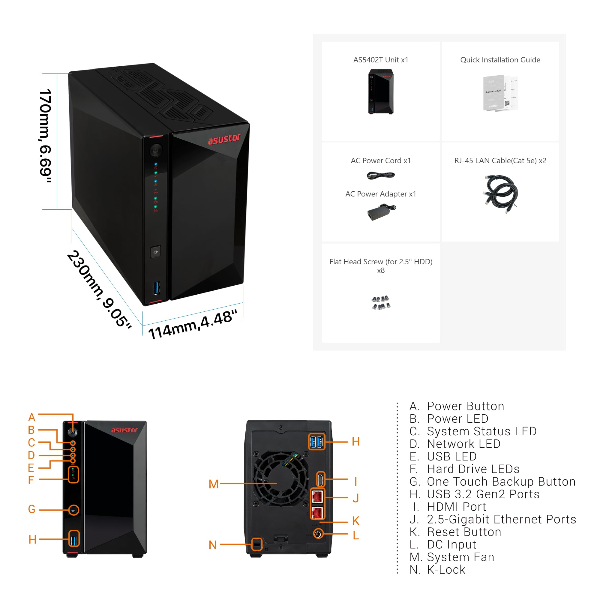 ASUSTOR NIMBUSTOR - AS5402T - NAS 2 baies - Intel Celeron N5105 Quad-Core - 4Go DDR4 - 2.5GbE x2 - NVMe - Tour - Garantie 3 ans