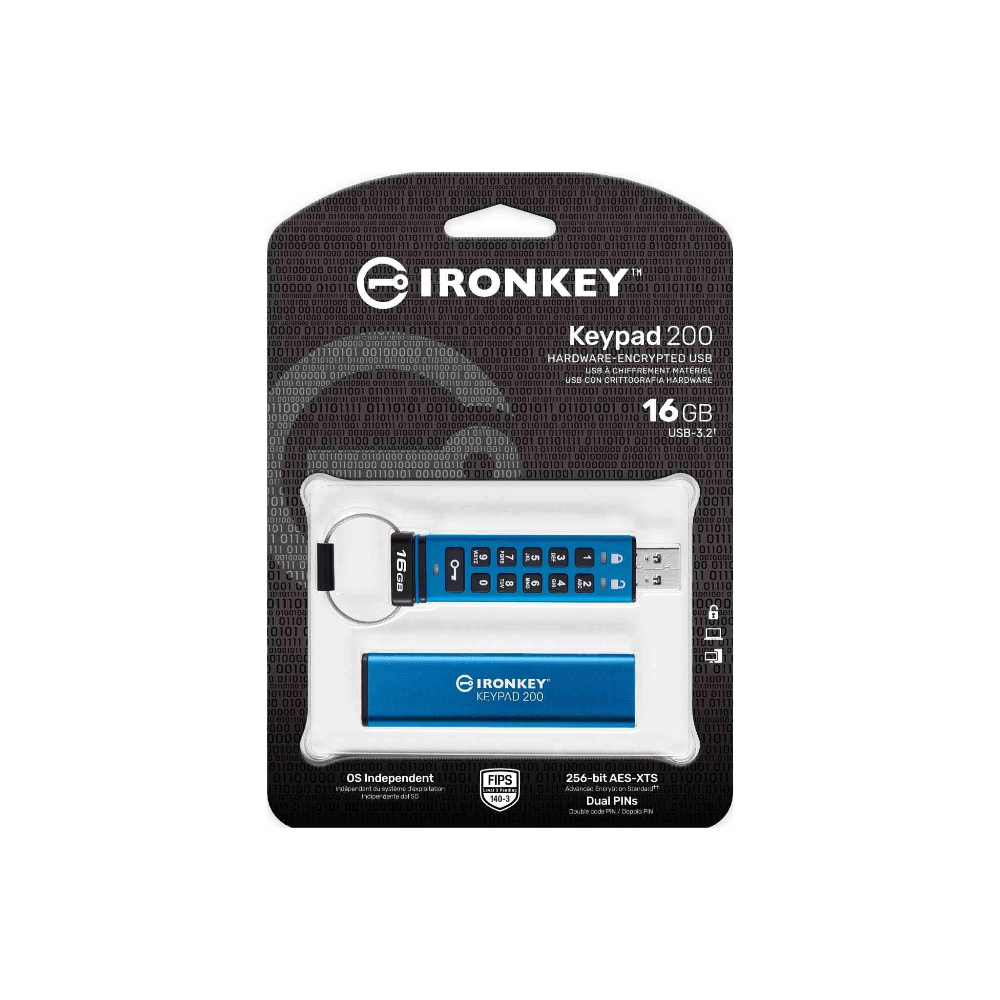 KINGSTON 16Go IronKey Keypad 200 FIPS 140-3 Lvl 3 Pending AES-256 Encrypted