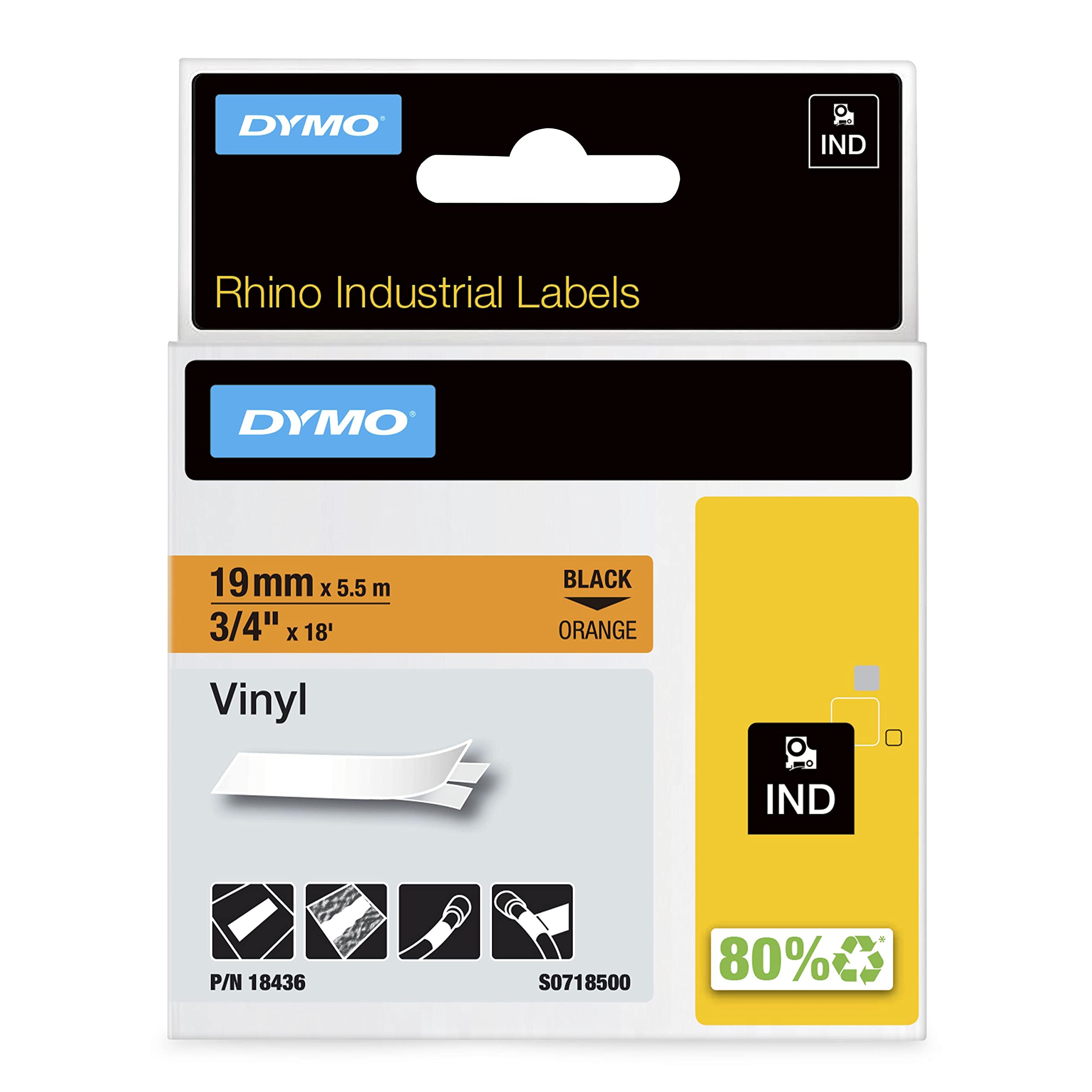 DYMO Rhino Etiquette industrielle vinyle 19 mm x 5,5 m noir/orange