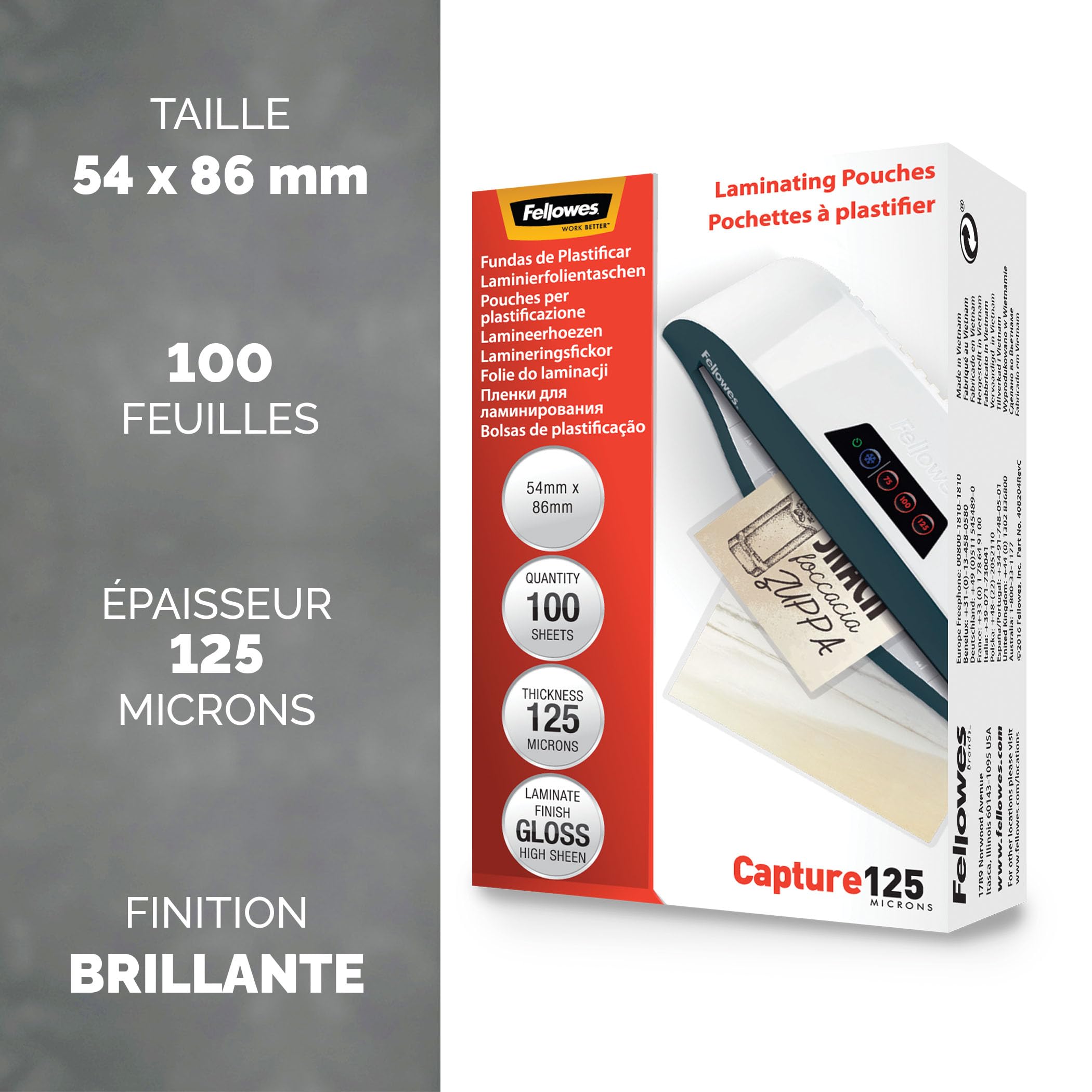 FELLOWES POCHETTES 125 MICRONS 54X86MM X 100