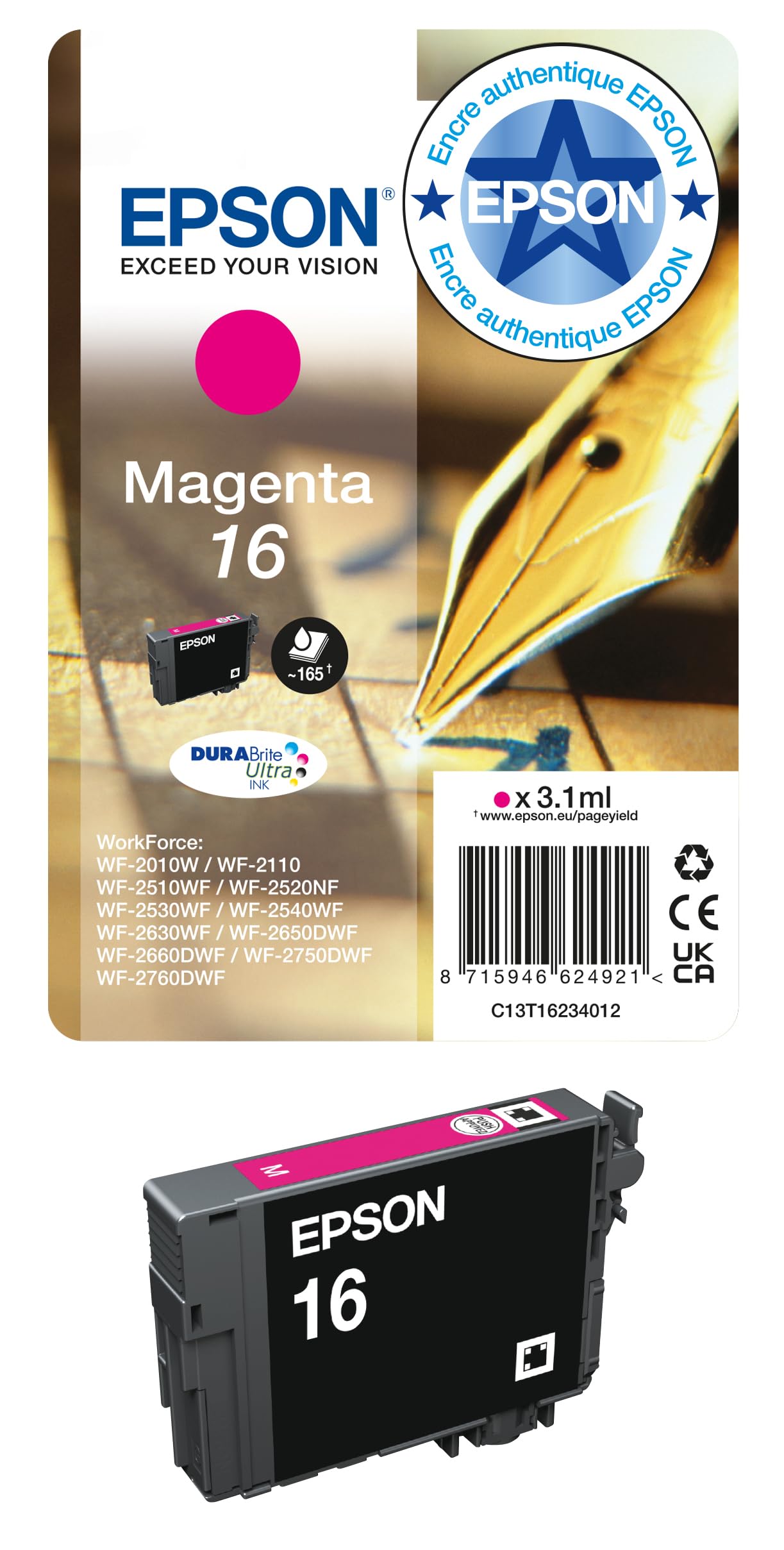 EPSON 1LB 16 ink cartridge magenta standard capacity 3.1ml 165 pages 1-pack RF-AM blister w/s