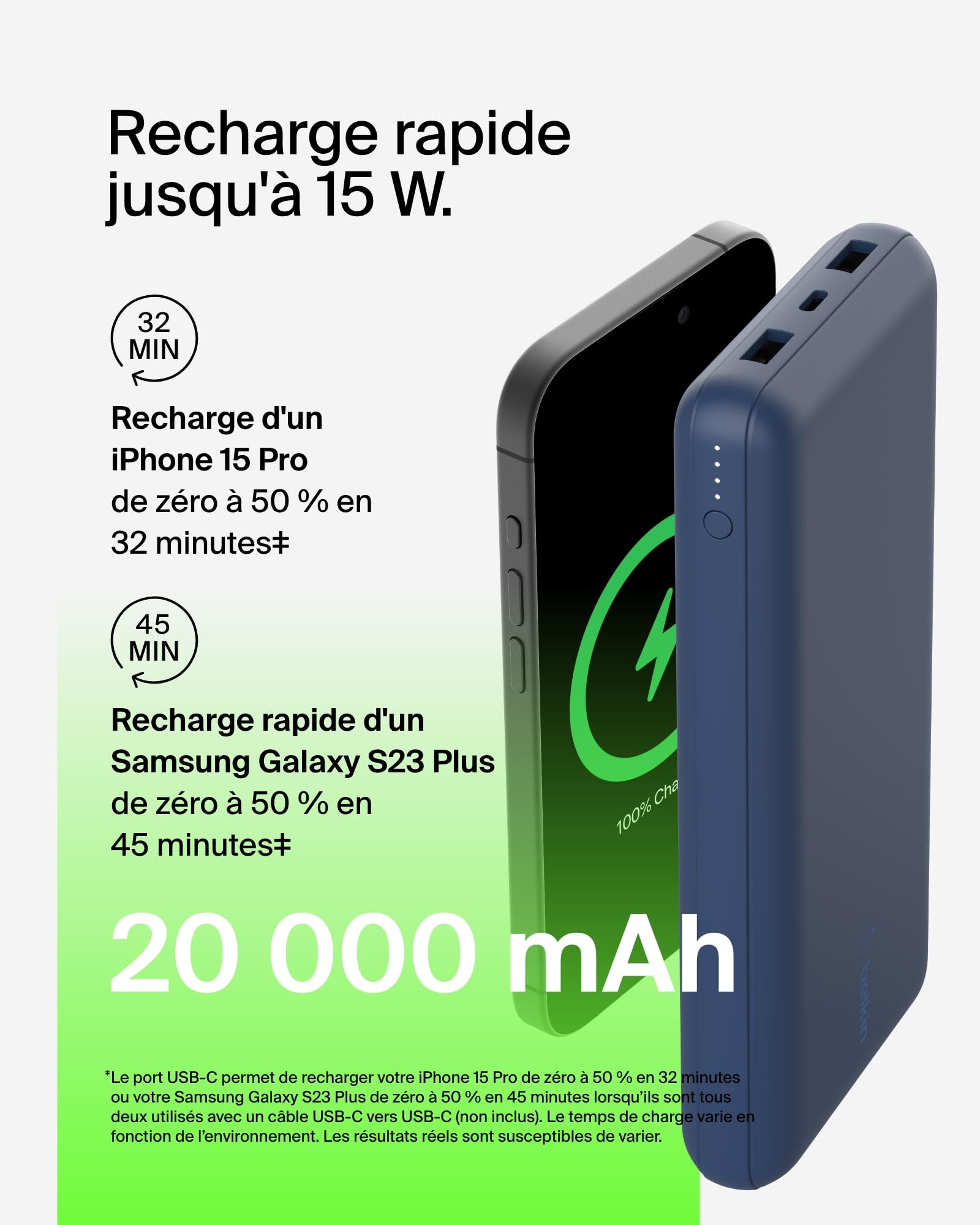 BELKIN Powerbank 20K 15W USB-C + 2 USB-A Bleu