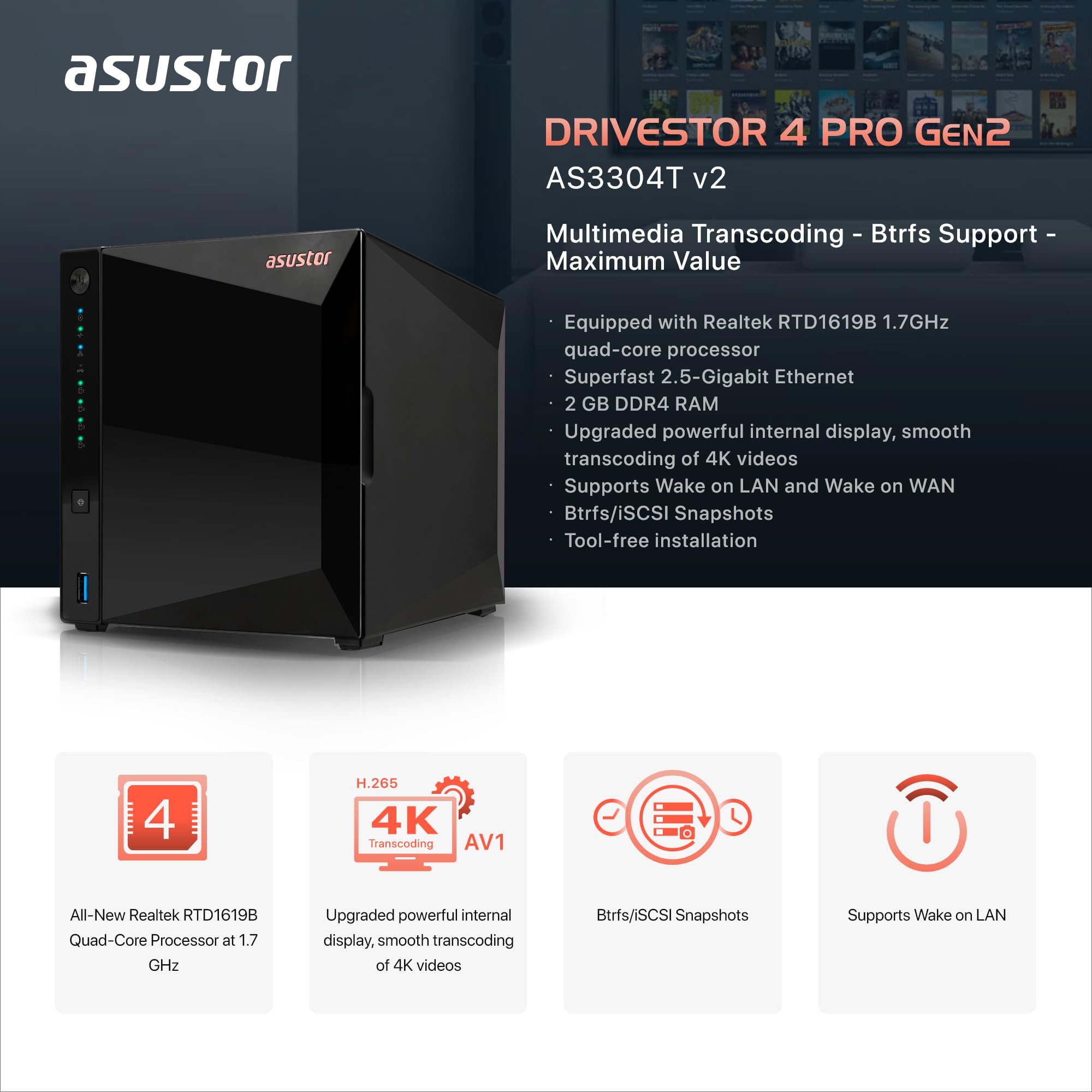 ASUSTOR DRIVERSTOR 4 PRO - NAS 4 baies - Realtek RTD1619B Quad-Core 1.7 GHz - 2Go - 2.5 GbE - USB - Tour - Garantie 3 ans