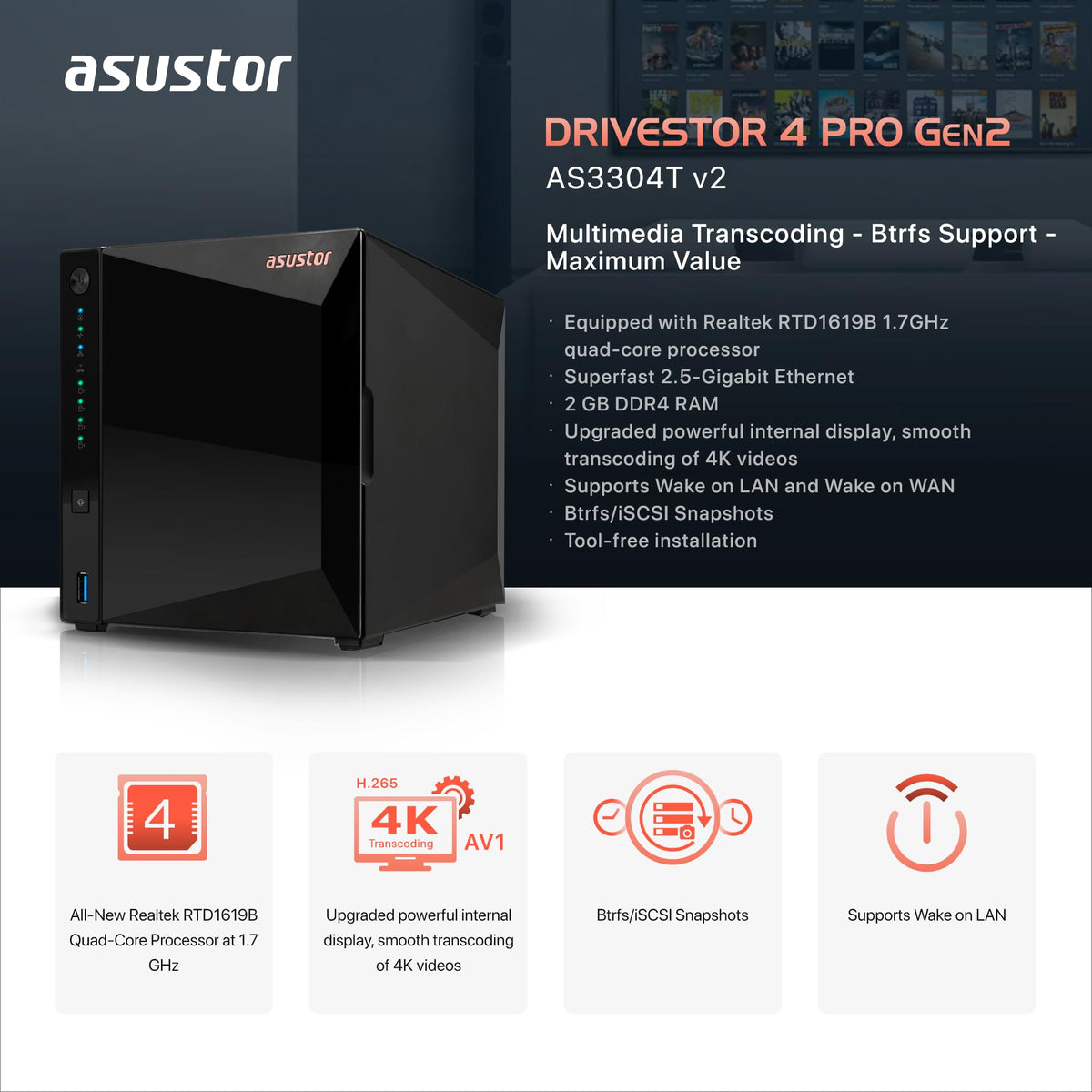 ASUSTOR DRIVERSTOR 4 PRO - NAS 4 baies - Realtek RTD1619B Quad-Core 1.7 GHz - 2Go - 2.5 GbE - USB - Tour - Garantie 3 ans