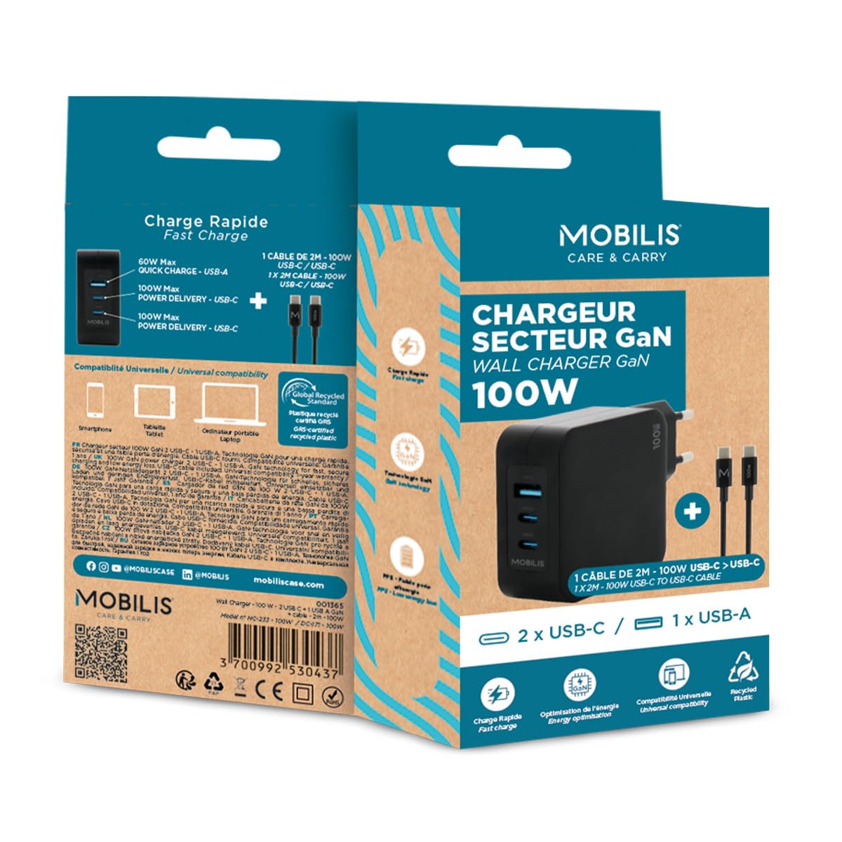 Charger 100W 2USB C 1USBA GaN cable 100W