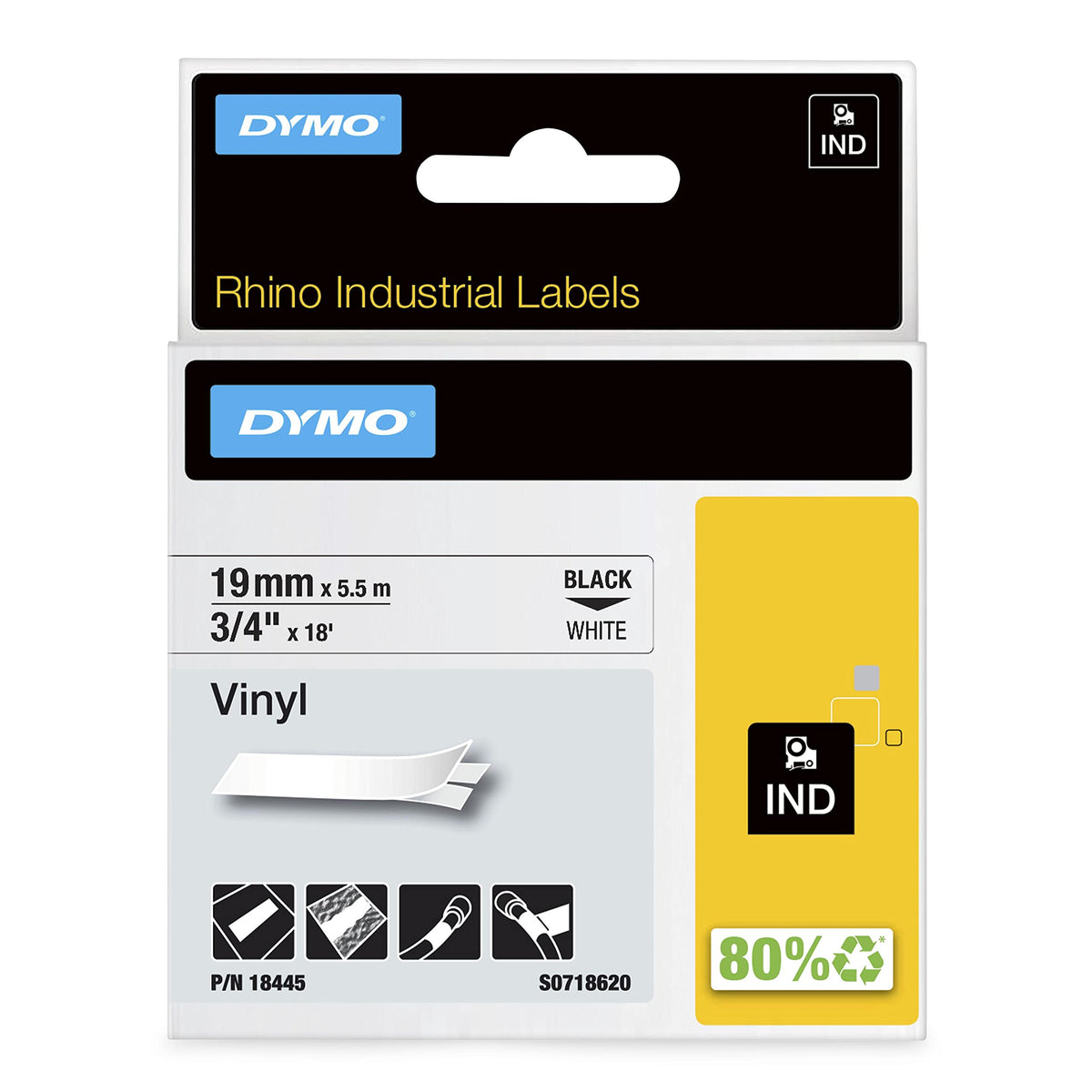 DYMO Rhino Etiquette industrielle vinyle 19 mm x 5,5 m noir/blanc
