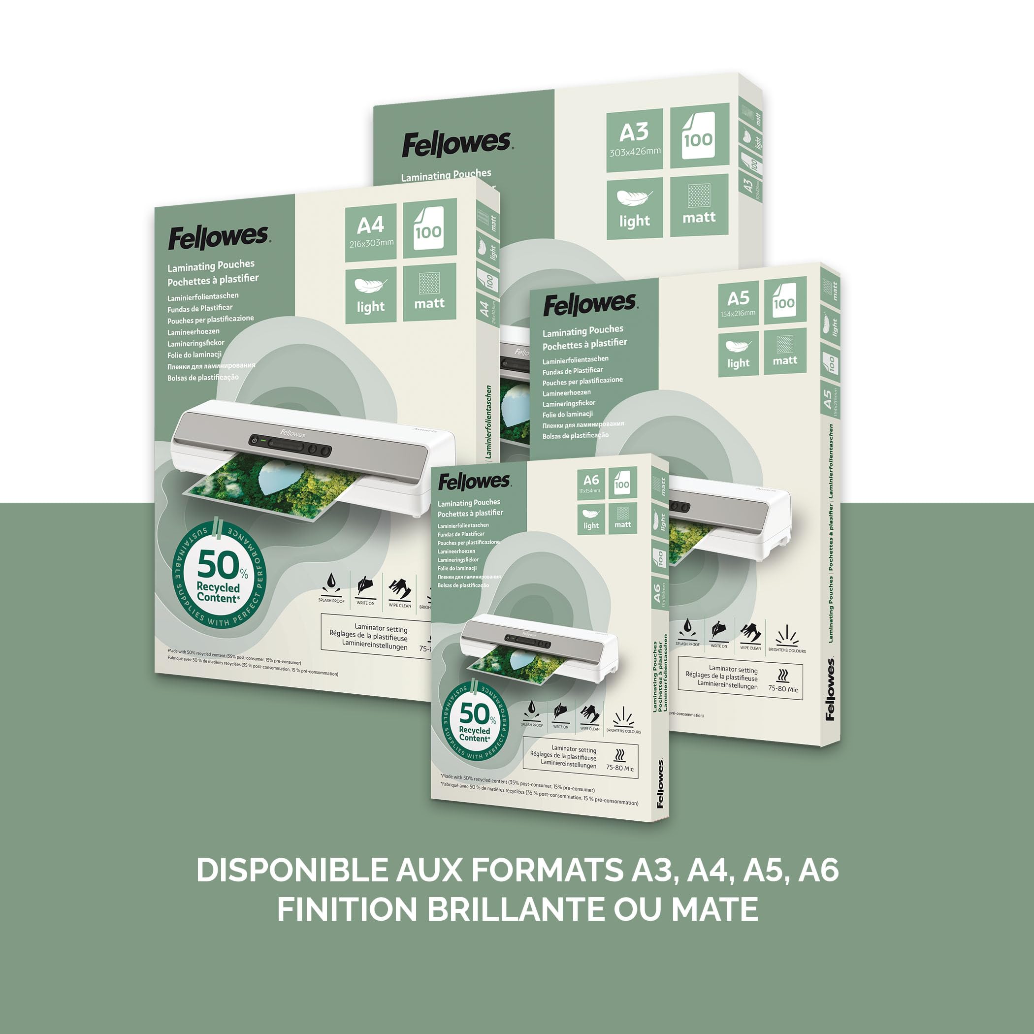 FELLOWES Pochettes de plastification A4 avec 50 pourcentage de contenu recyclé - usage léger mate lot de 100