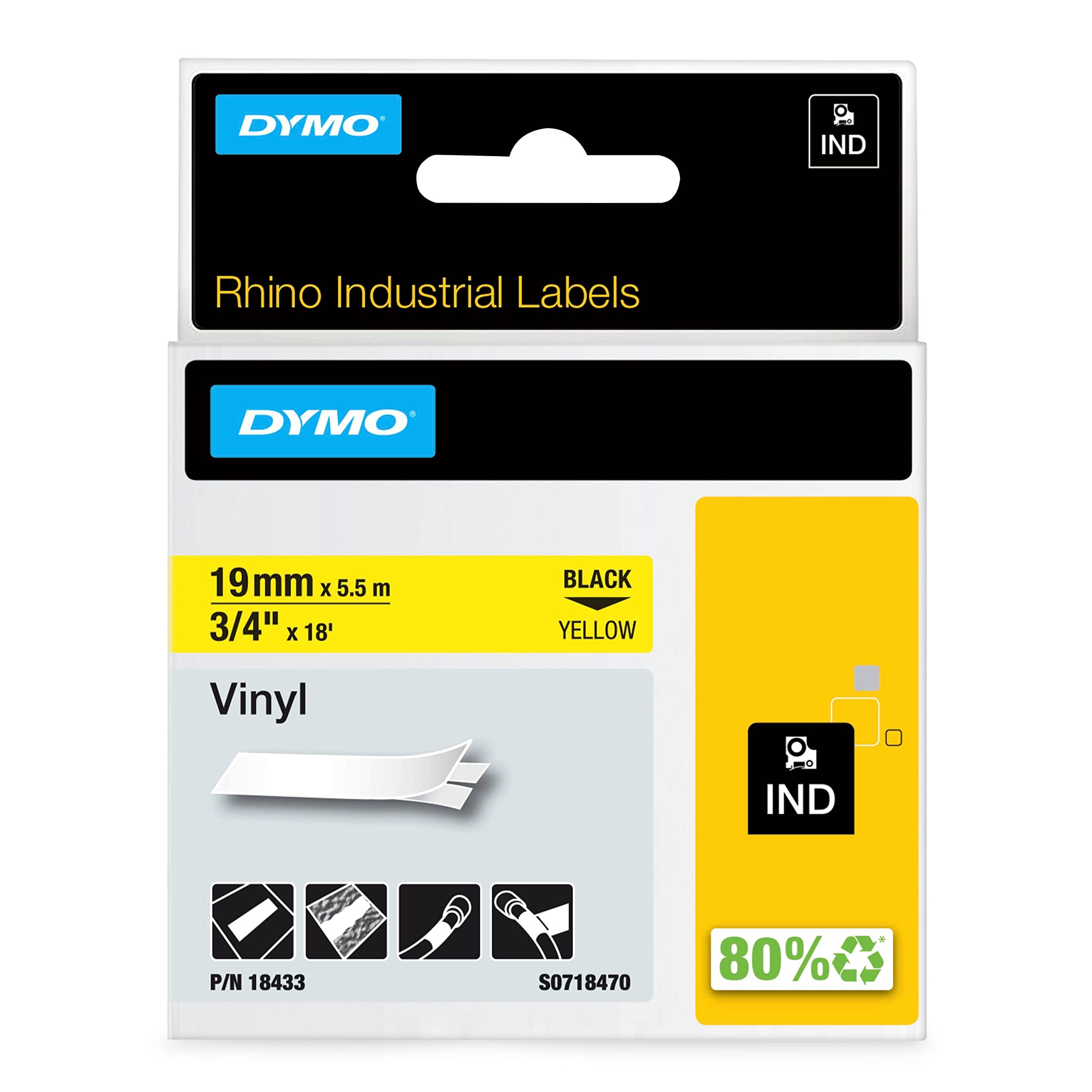 DYMO Rhino Etiquette industrielle Vinyle 19 mm x 5,5 m noir sur jaune