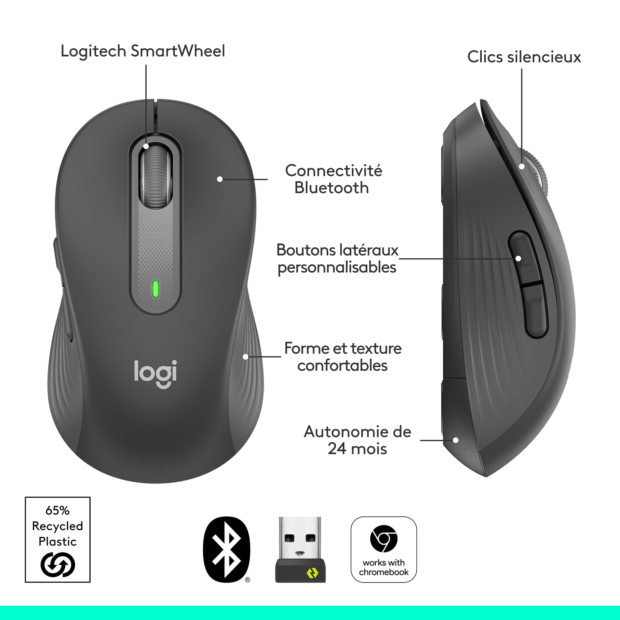 LOGITECH Signature M650 L Mouse large size optical 5 buttons wireless Bluetooth 2.4 GHz Bolt USB receiver graphite
