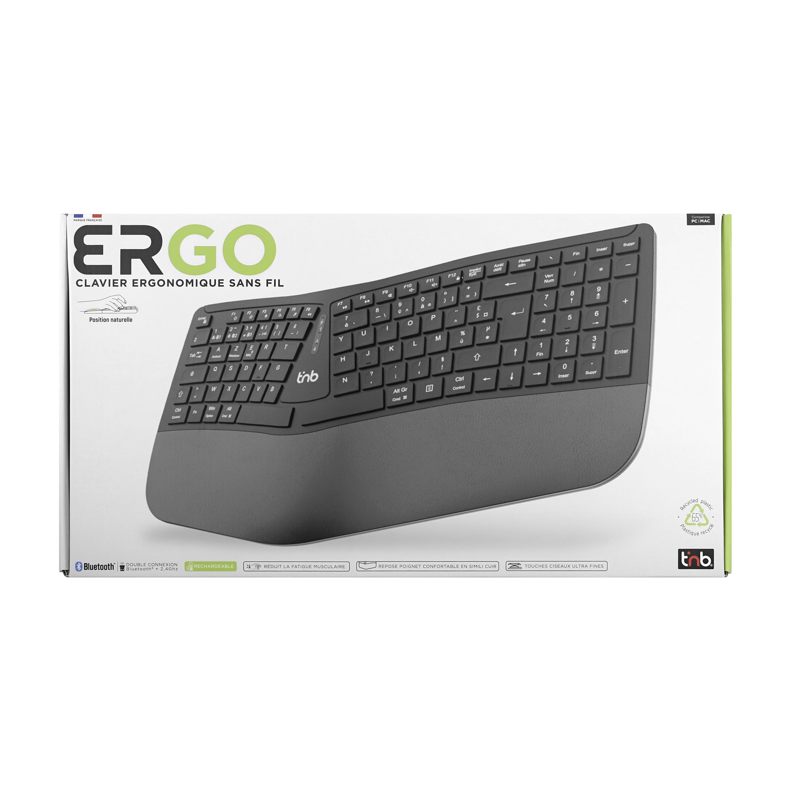 TNB ERGO - Clavier ergonomique sans fil rechargeable Bluetooth + 2.4GHz (FR)