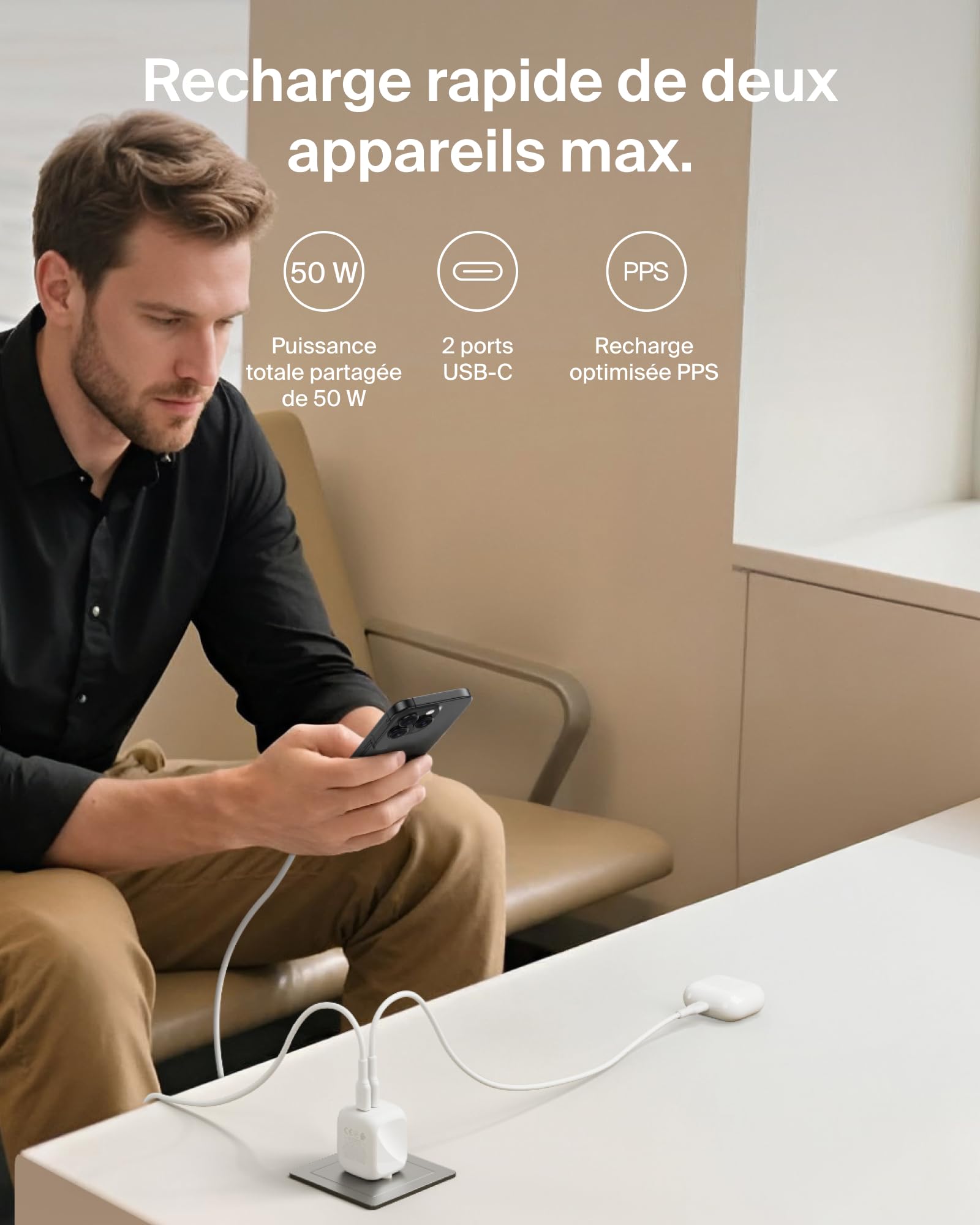 BELKIN BoostCharge 50W Dual USB-C PD Wall Charger with PPS WHT